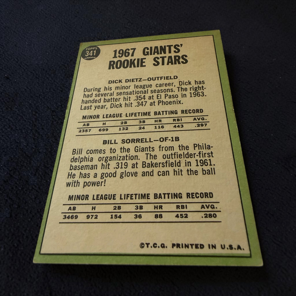 1967 Topps #341 Giants Rookie Stars Dick Dietz Bill Sorrell Vintage Baseball Card