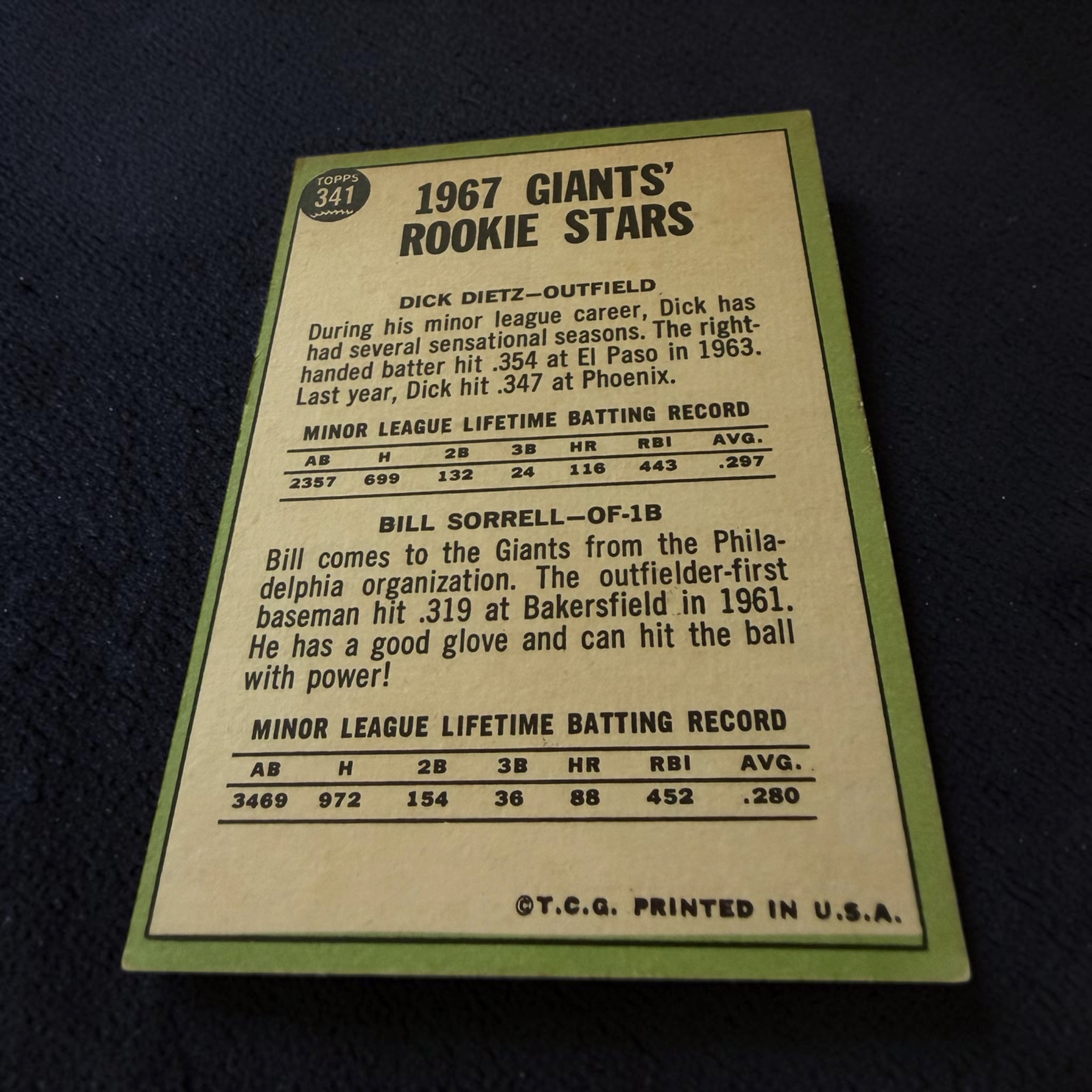 1967 Topps #341 Giants Rookie Stars Dick Dietz Bill Sorrell Vintage Baseball Card