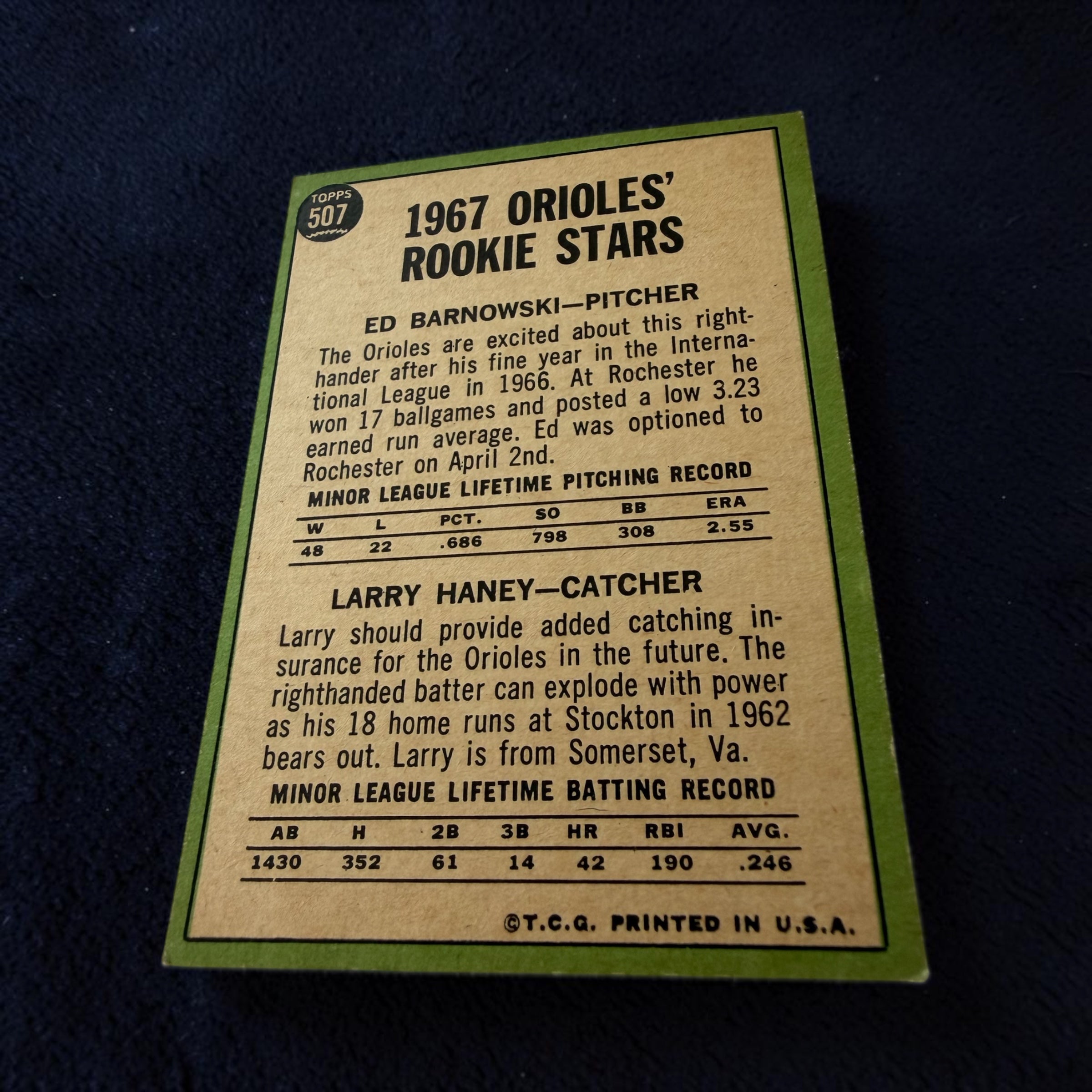 1967 Topps #507 Orioles Rookie Stars Ed Barnowski Larry Haney Vintage Baseball Card