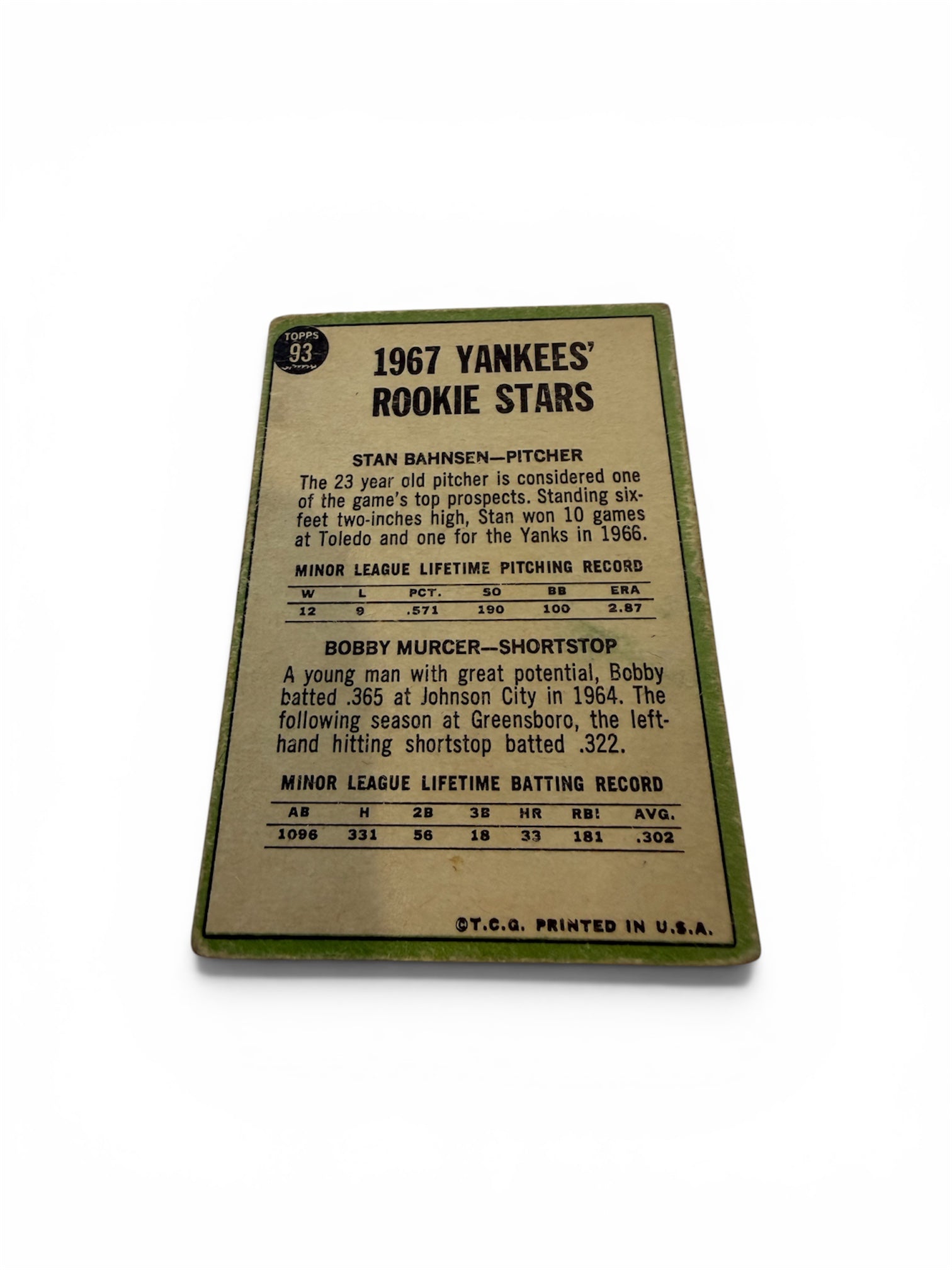 1967 Topps #93 Yankees Rookie Stars Bobby Murcer Stan Bahnsen Vintage Baseball Card