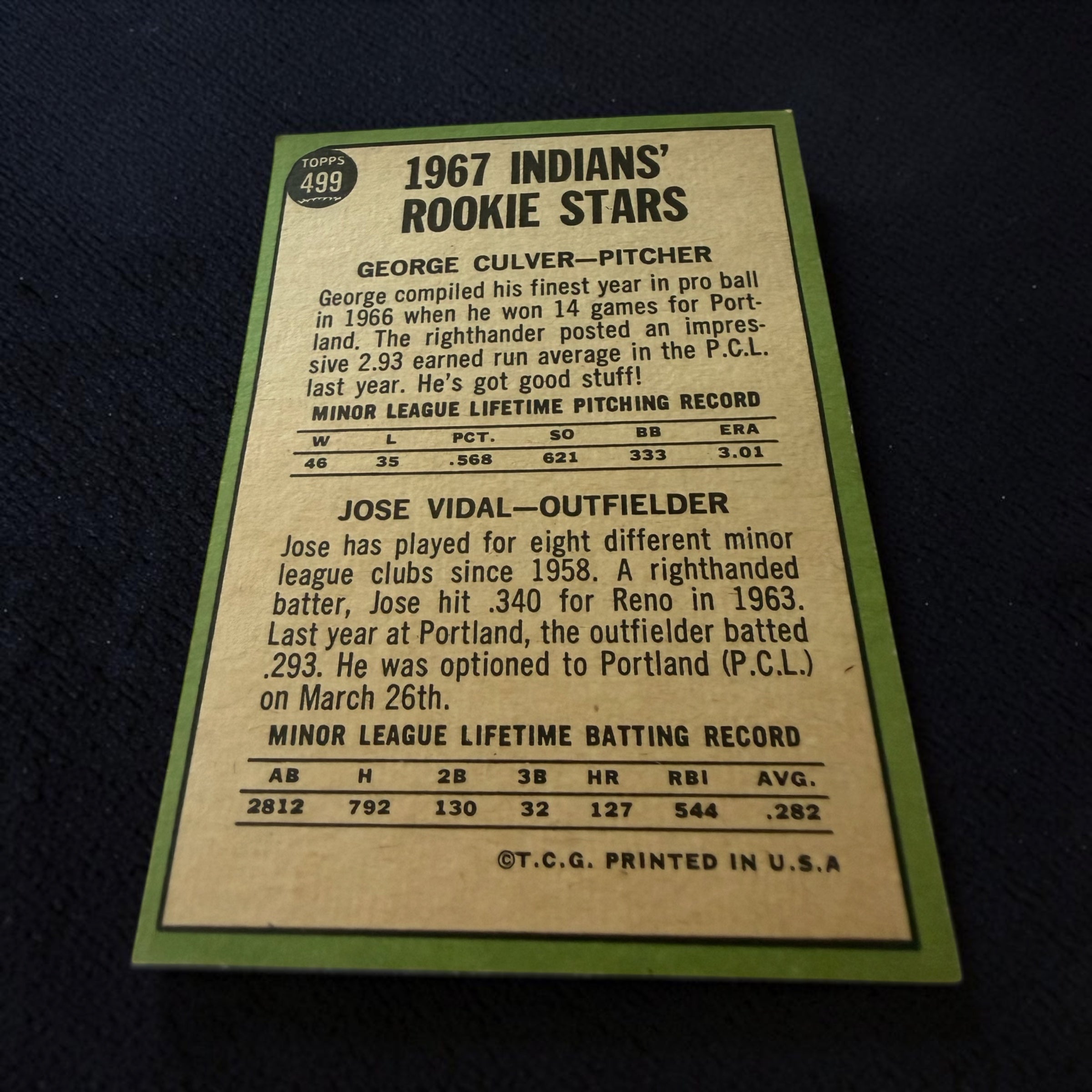 1967 Topps #499 Indians Rookie Stars George Culver Jose Vidal Rookie Baseball Card