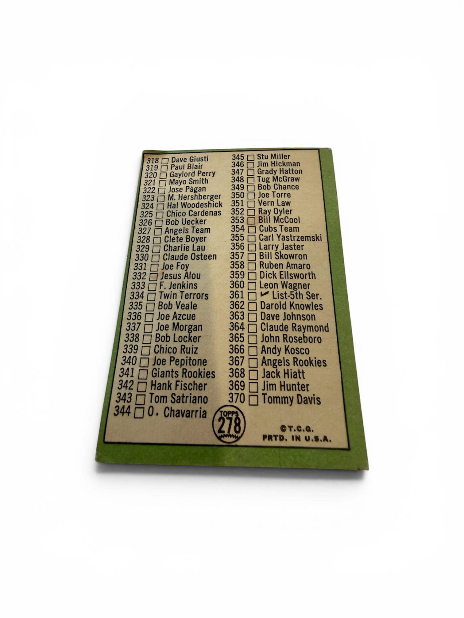 1967 Topps #278 4th Series Checklist Vintage Baseball Card – Original Unmarked