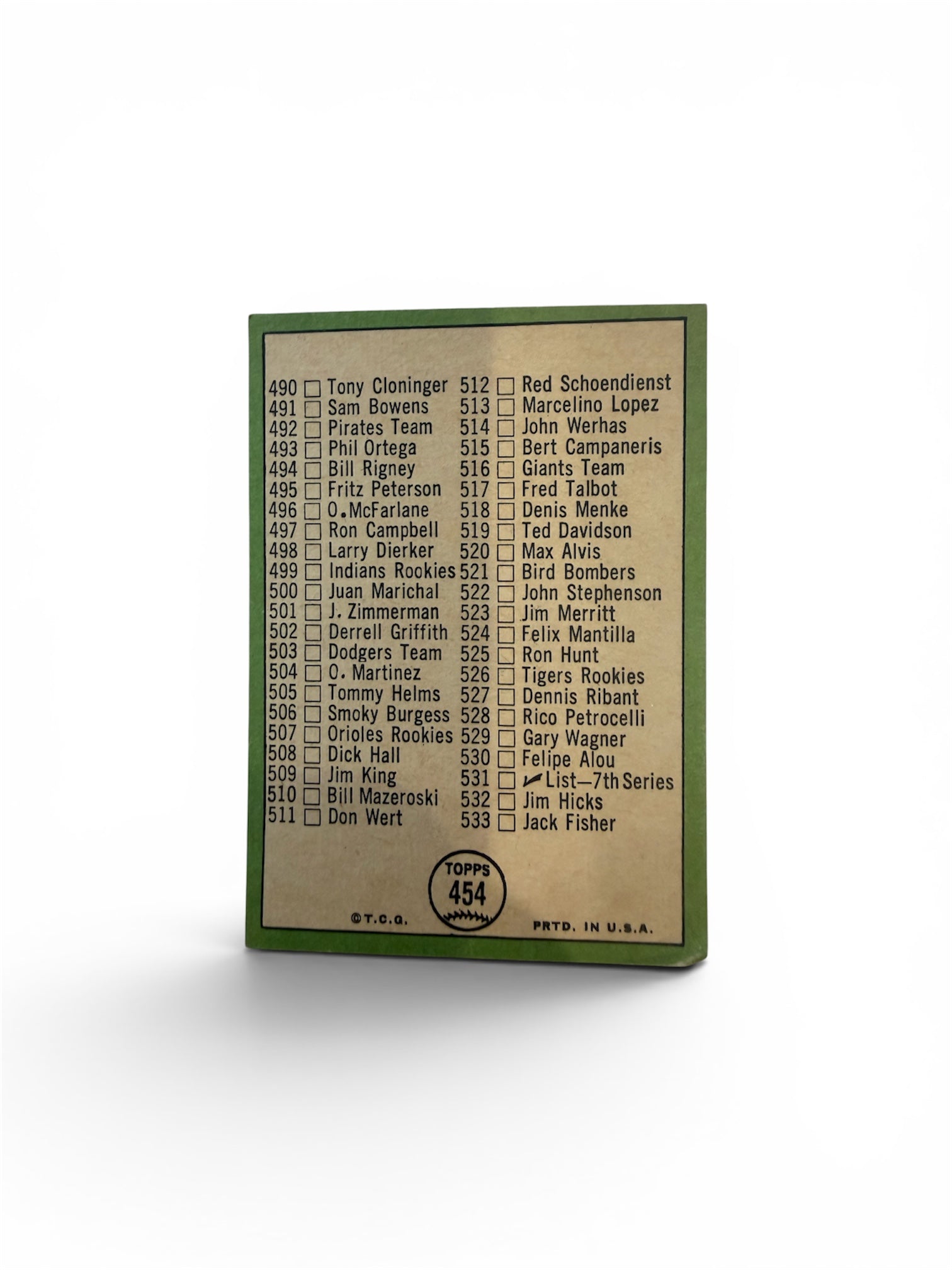 967 Topps #454 6th Series Checklist Vintage Baseball Card – Unmarked Original