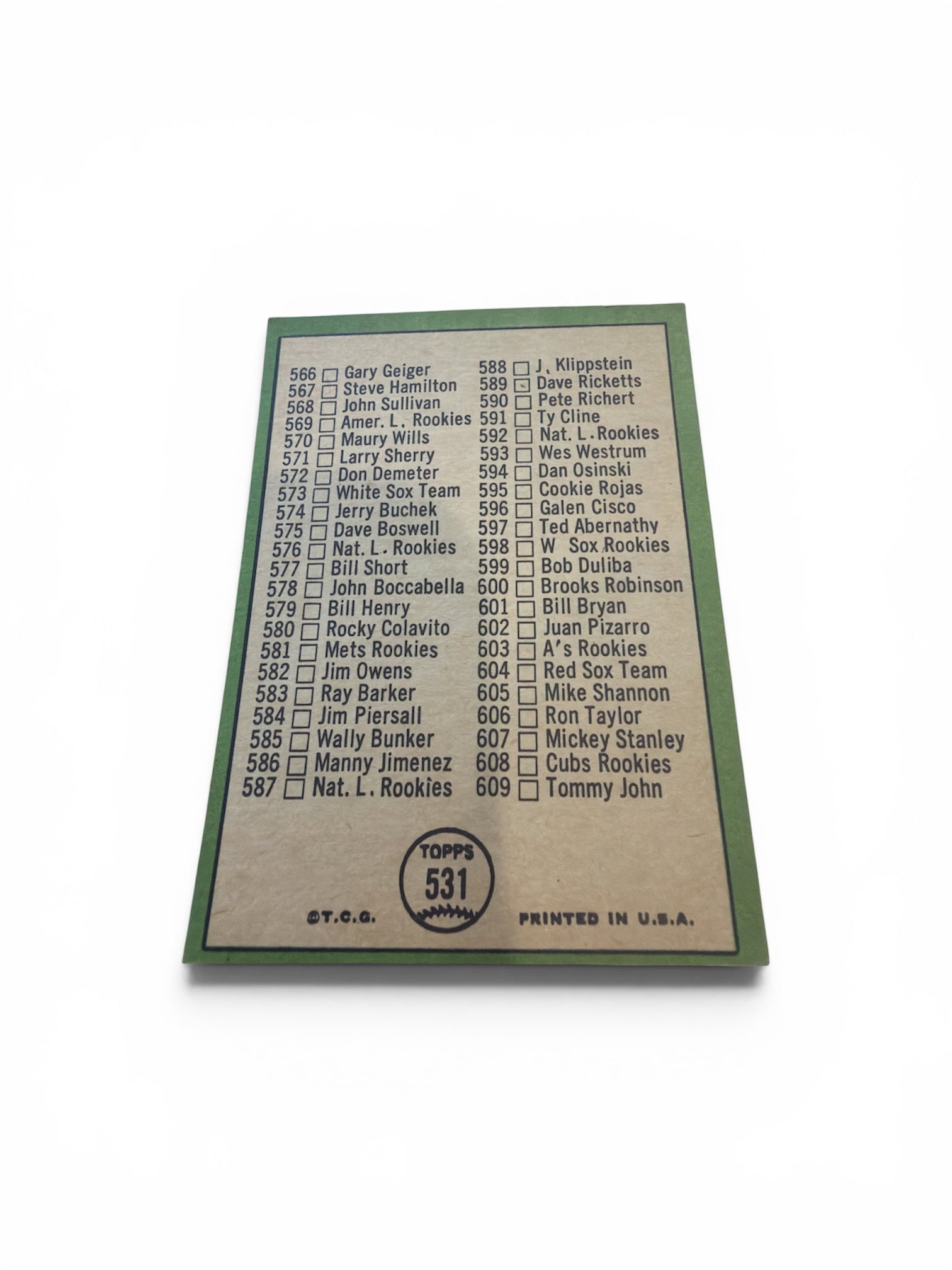 1967 Topps #531 7th Series Checklist Vintage Baseball Card – Unmarked Original