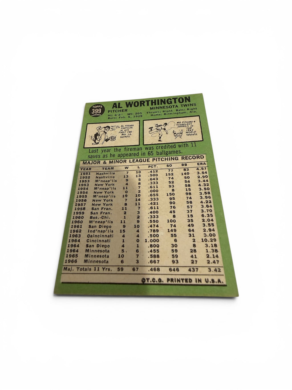 1967 Topps #399 Al Worthington Minnesota Twins Vintage Baseball Card