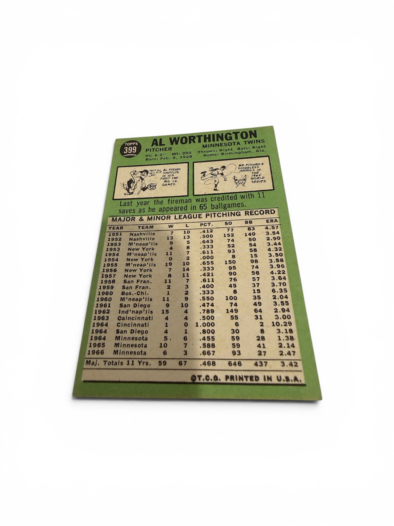 1967 Topps #399 Al Worthington Minnesota Twins Vintage Baseball Card