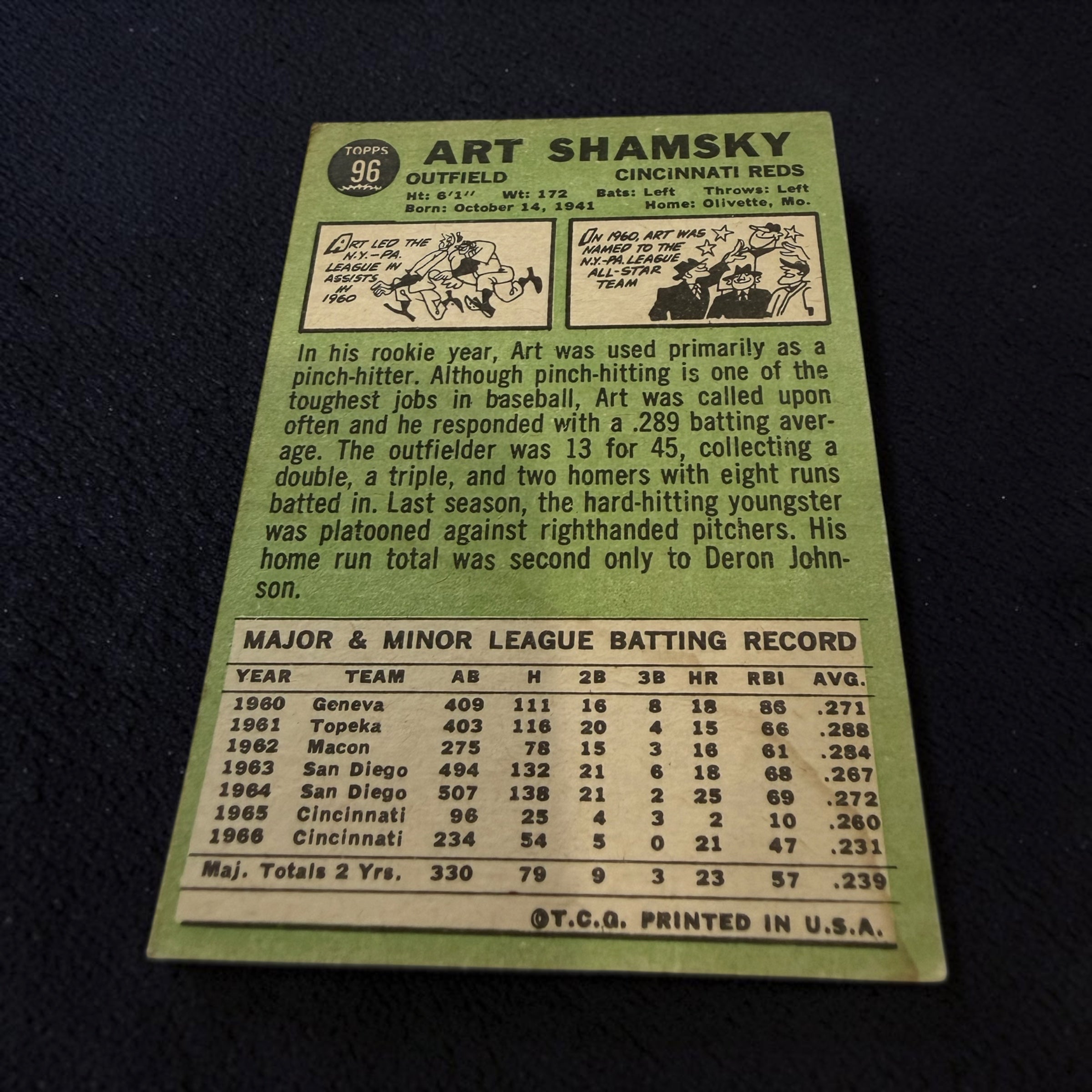 1967 Topps #96 Art Shamsky Cincinnati Reds Vintage Baseball Card