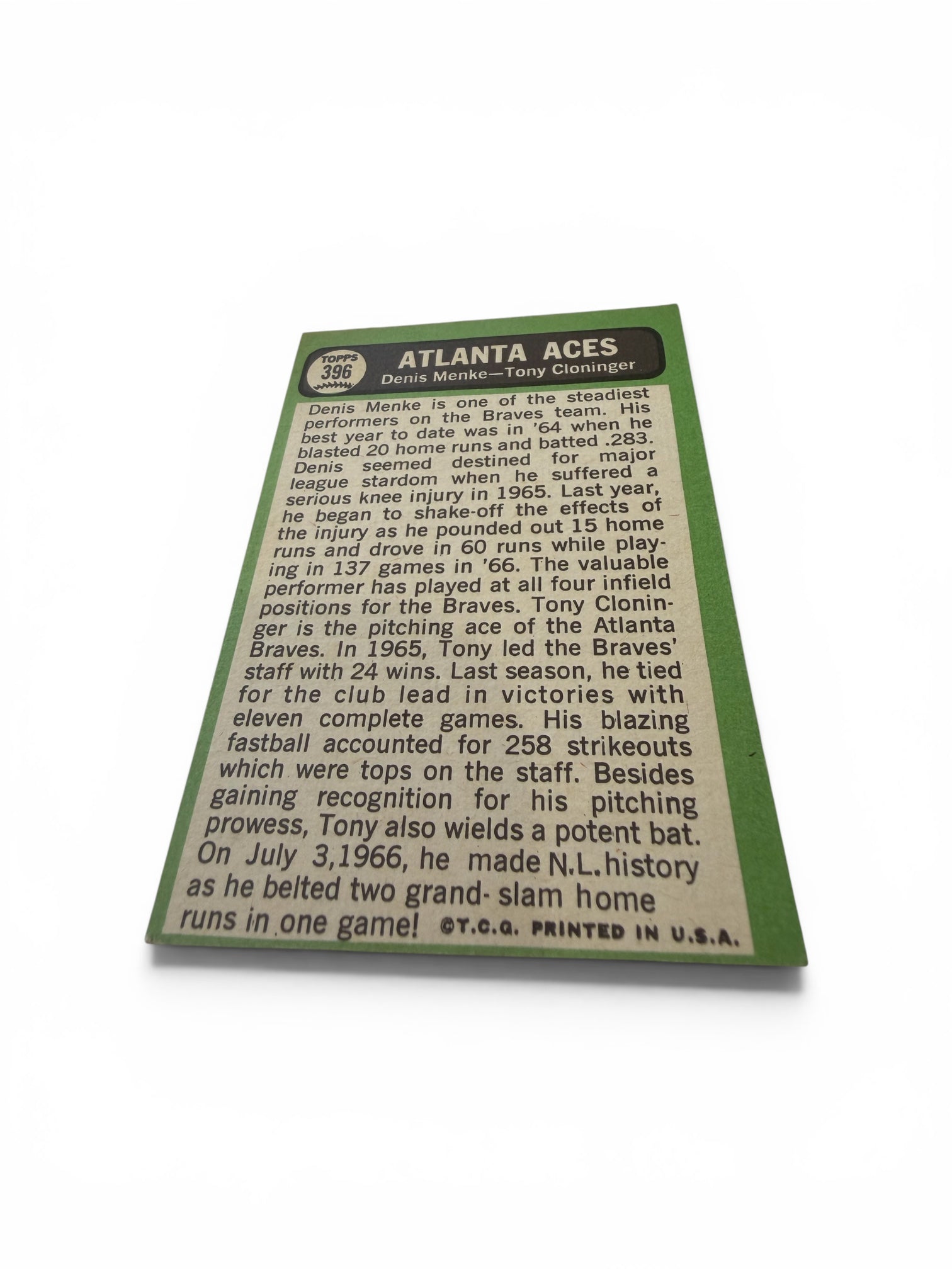 1967 Topps #396 Atlanta Aces Denis Menke Tony Cloninger Atlanta Braves Vintage Baseball Card