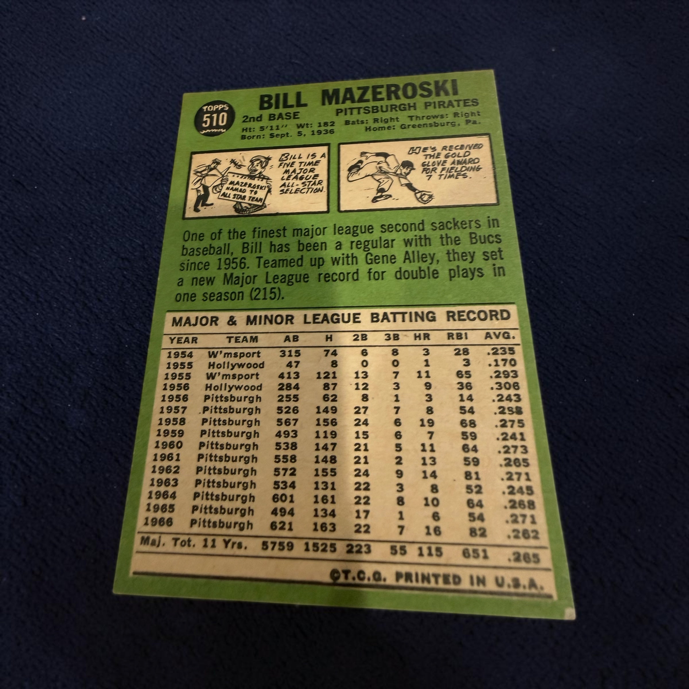 1967 Topps #510 Bill Mazeroski Pittsburgh Pirates Hall of Fame Vintage Baseball Card