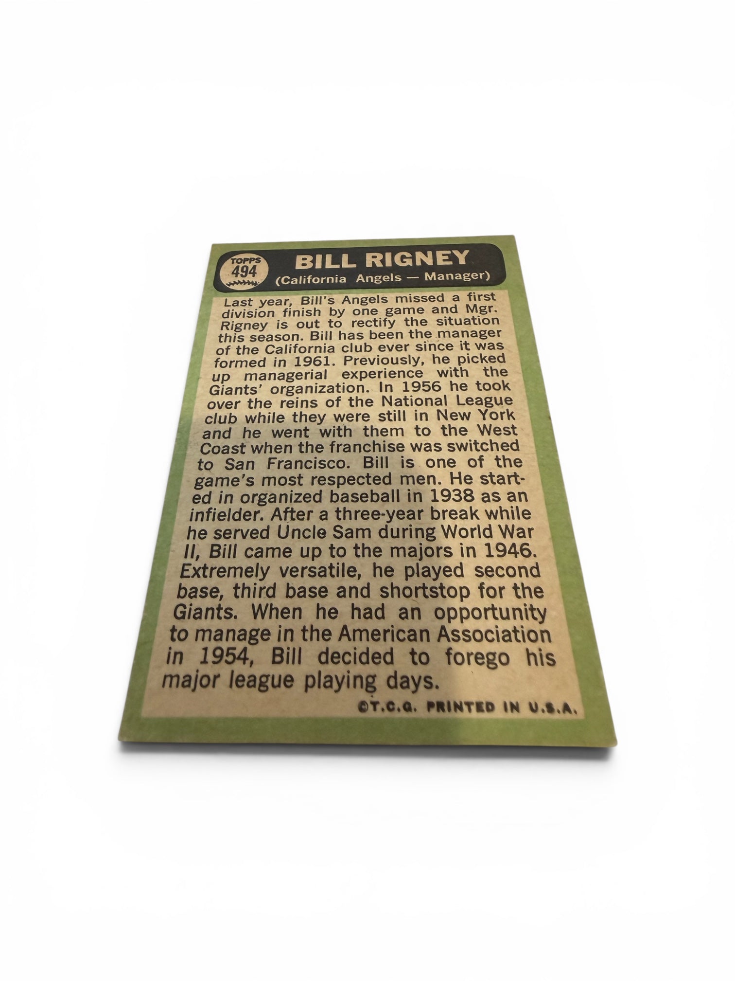 1967 Topps #494 Bill Rigney California Angels Manager Vintage Baseball Card