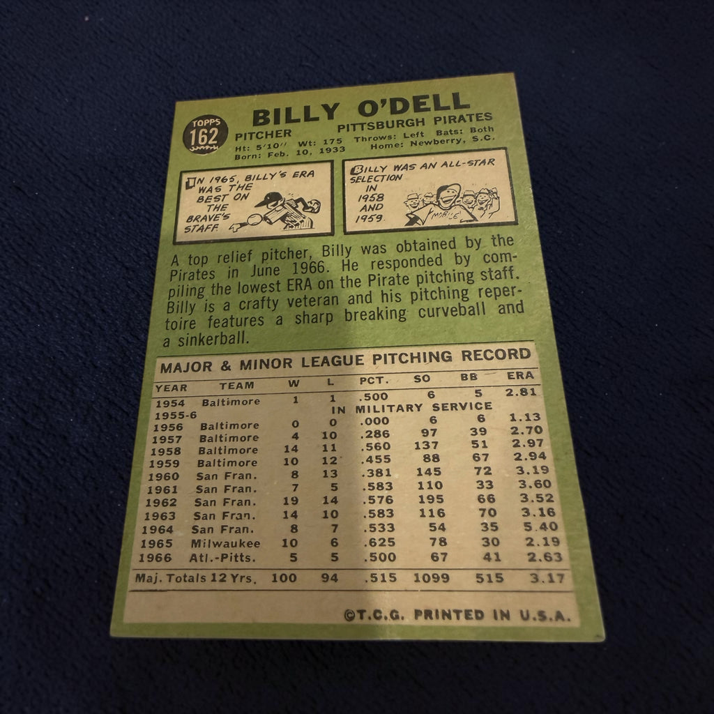1967 Topps #162 Billy O'Dell Pittsburgh Pirates Vintage Baseball Card MLB Pitcher