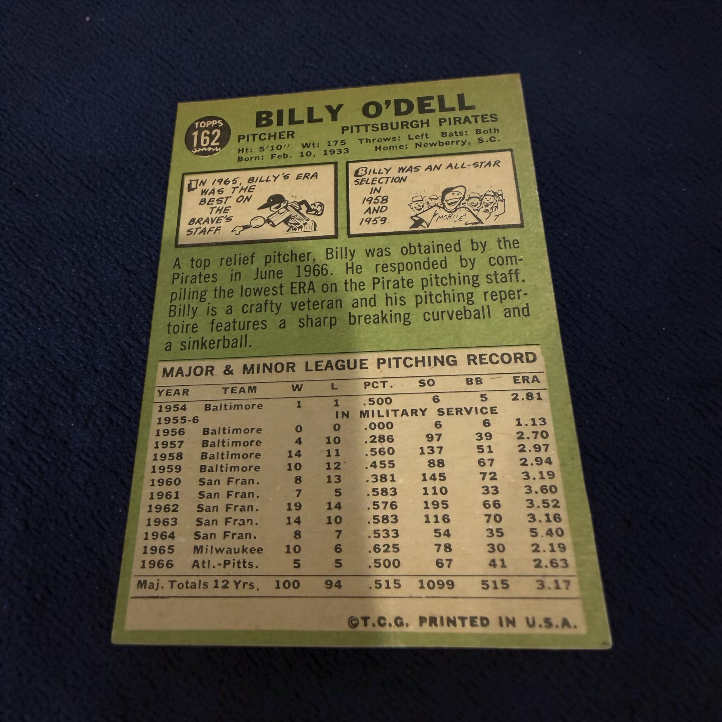 1967 Topps #162 Billy O'Dell Pittsburgh Pirates Vintage Baseball Card MLB Pitcher