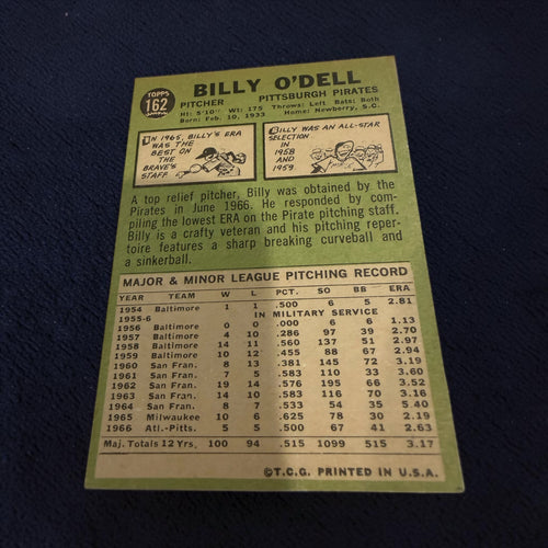 1967 Topps #162 Billy O'Dell Pittsburgh Pirates Vintage Baseball Card MLB Pitcher
