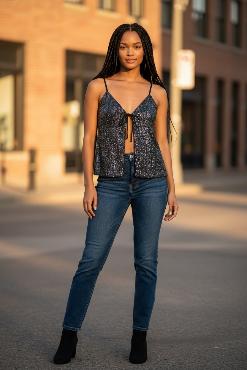 Hollister Women’s Black Sequin Tie-Front Cami Tank Top – Size Small – New With Tags