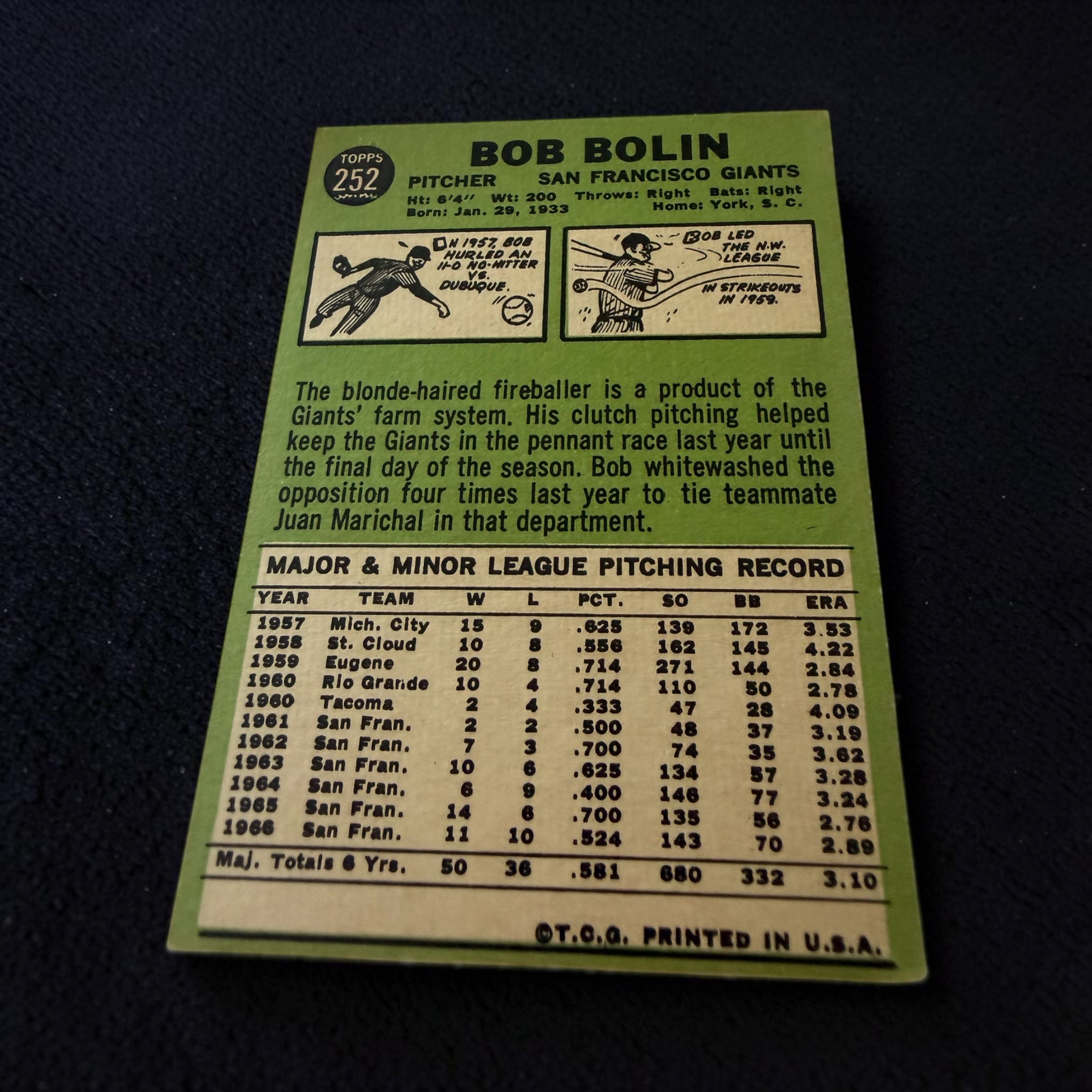 1967 Topps #252 Bob Bolin San Francisco Giants Vintage Baseball Card Pitcher MLB