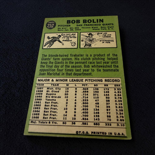 1967 Topps #252 Bob Bolin San Francisco Giants Vintage Baseball Card Pitcher MLB