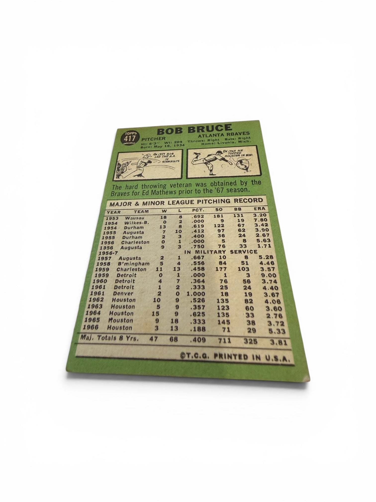 1967 Topps #417 Bob Bruce Atlanta Braves Vintage Baseball Card MLB Pitcher