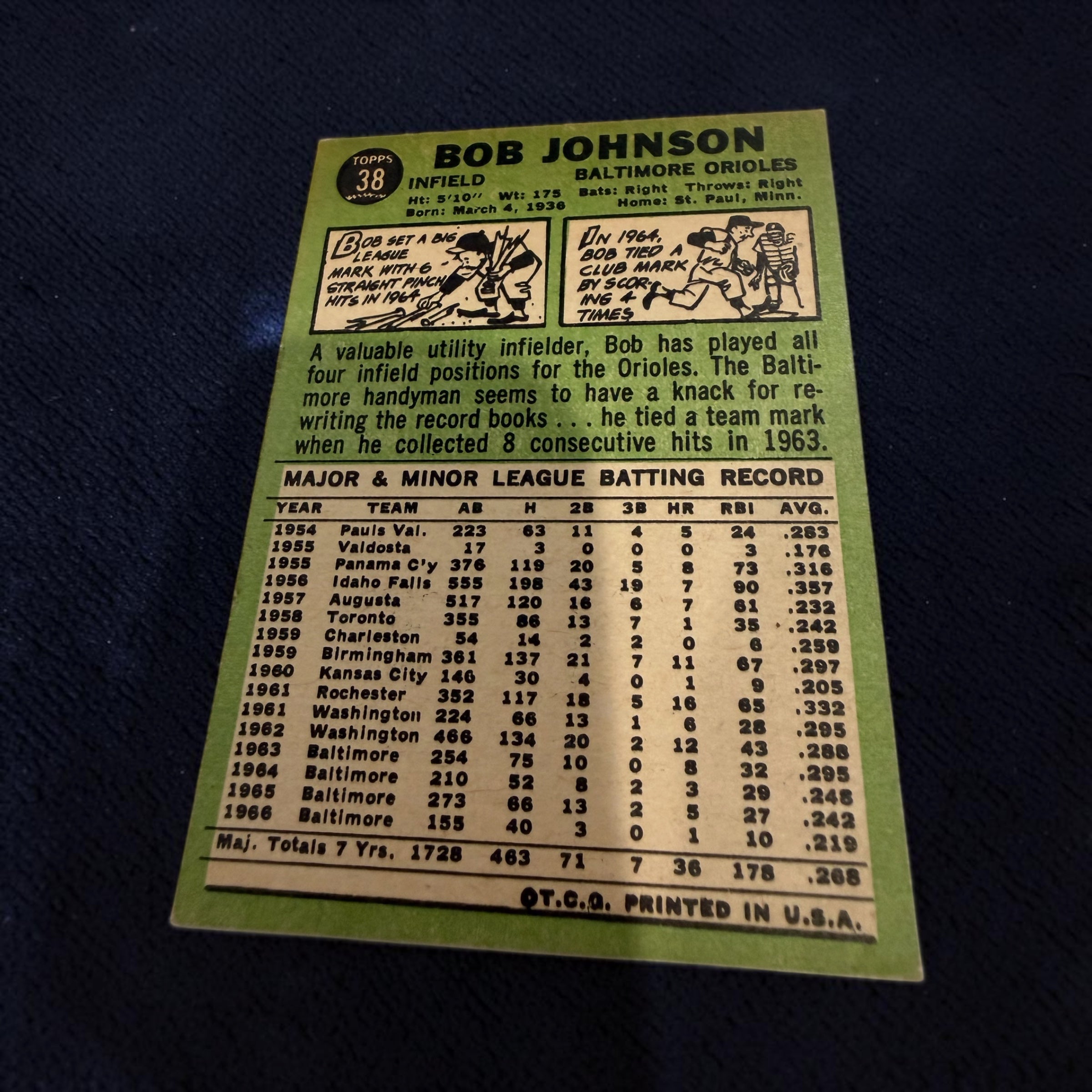 1967 Topps #38 Bob Johnson Baltimore Orioles Vintage Baseball Card MLB Utility Infielder