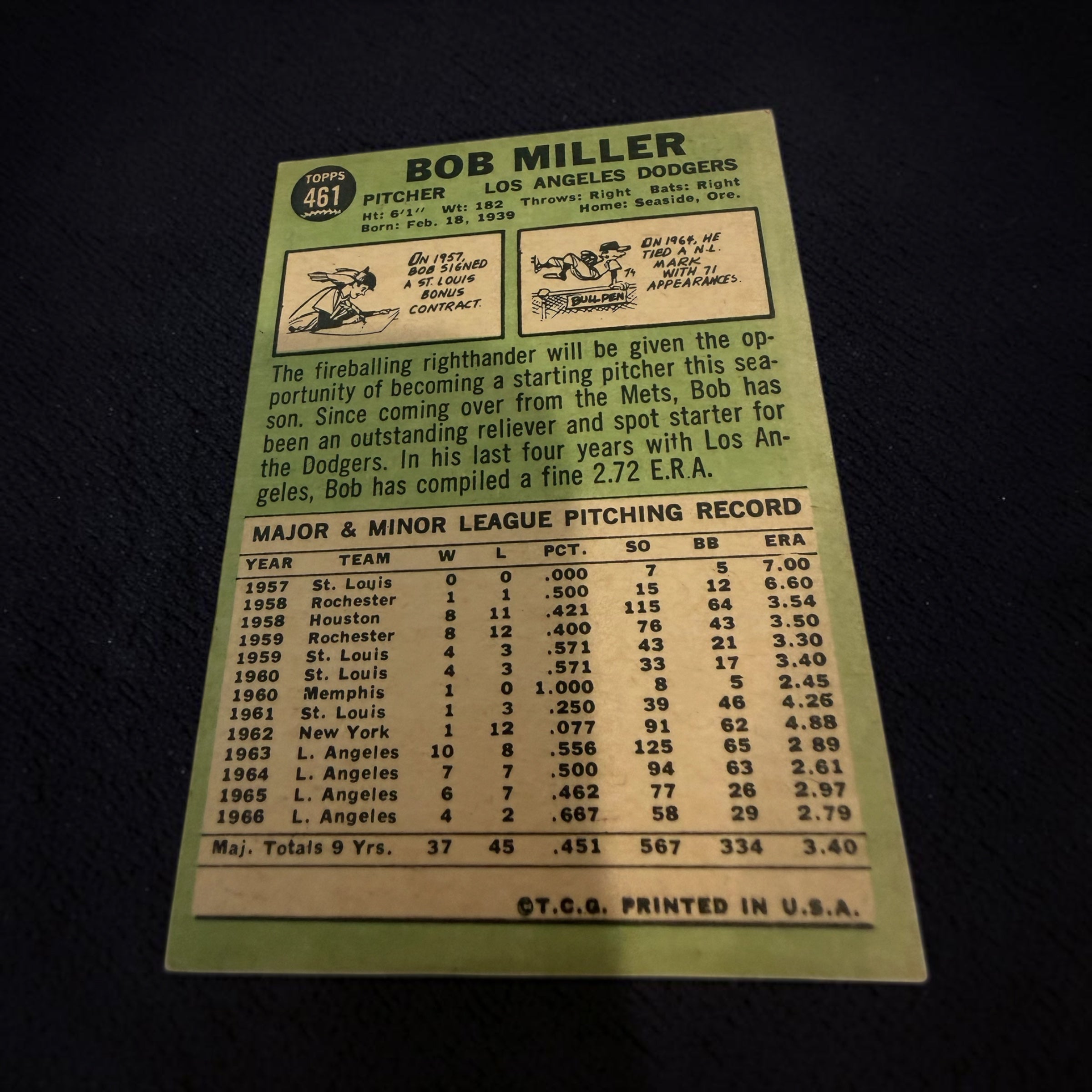 1967 Topps #461 Bob Miller Los Angeles Dodgers Vintage Pitcher Baseball Card