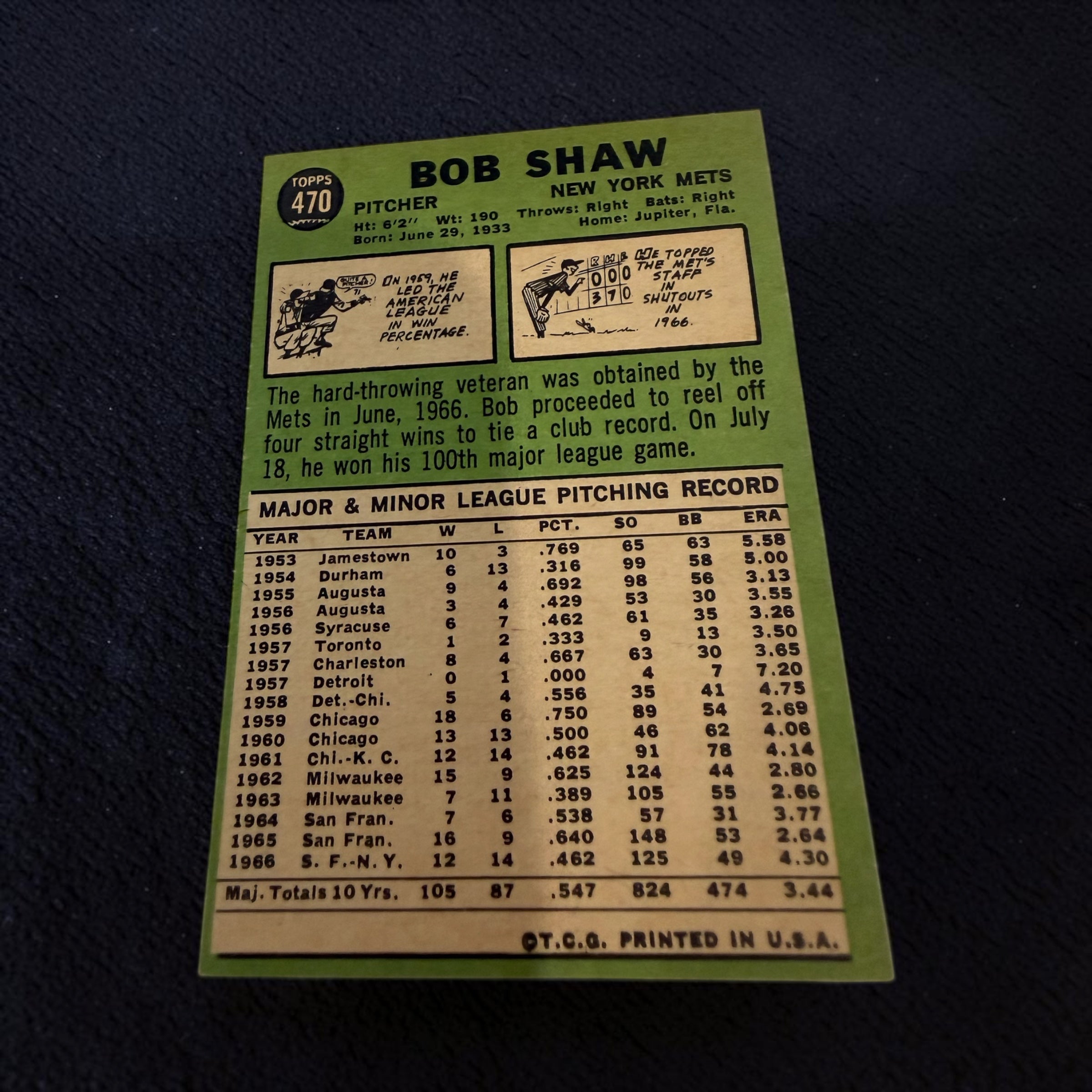 1967 Topps #470 Bob Shaw New York Mets Vintage Baseball Card Pitcher MLB