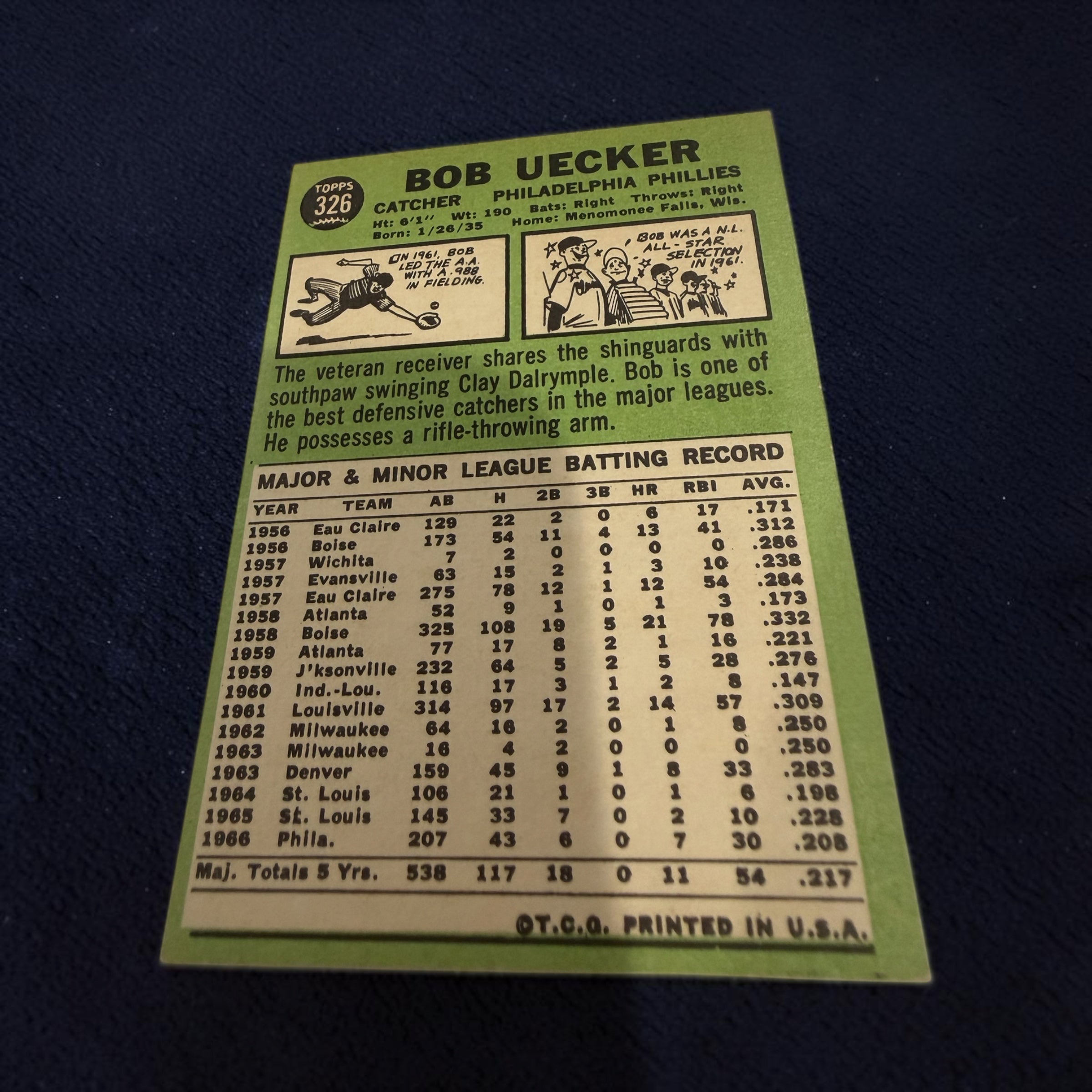 1967 Topps #326 Bob Uecker Philadelphia Phillies Vintage Baseball Card Catcher MLB