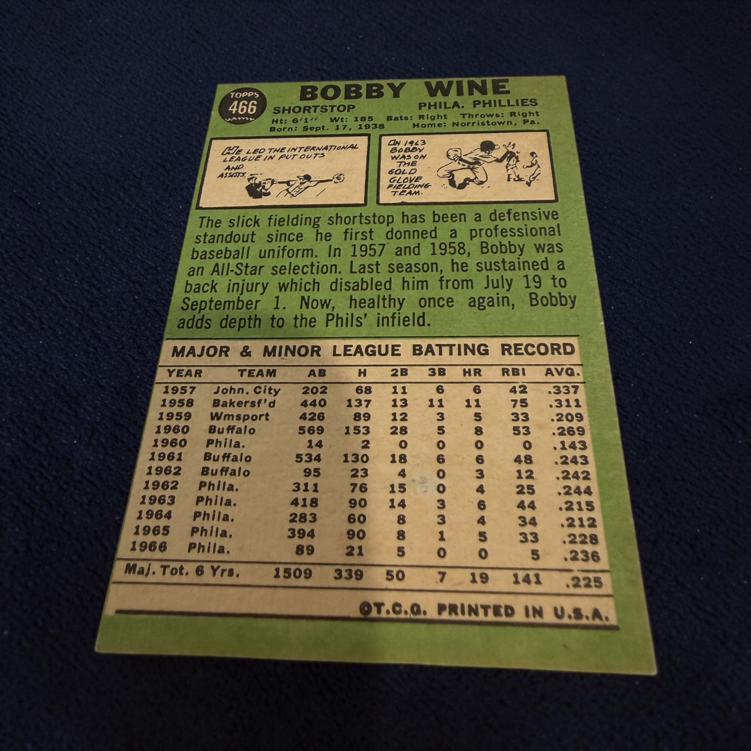 1967 Topps #466 Bobby Wine Philadelphia Phillies Vintage Baseball Card Shortstop