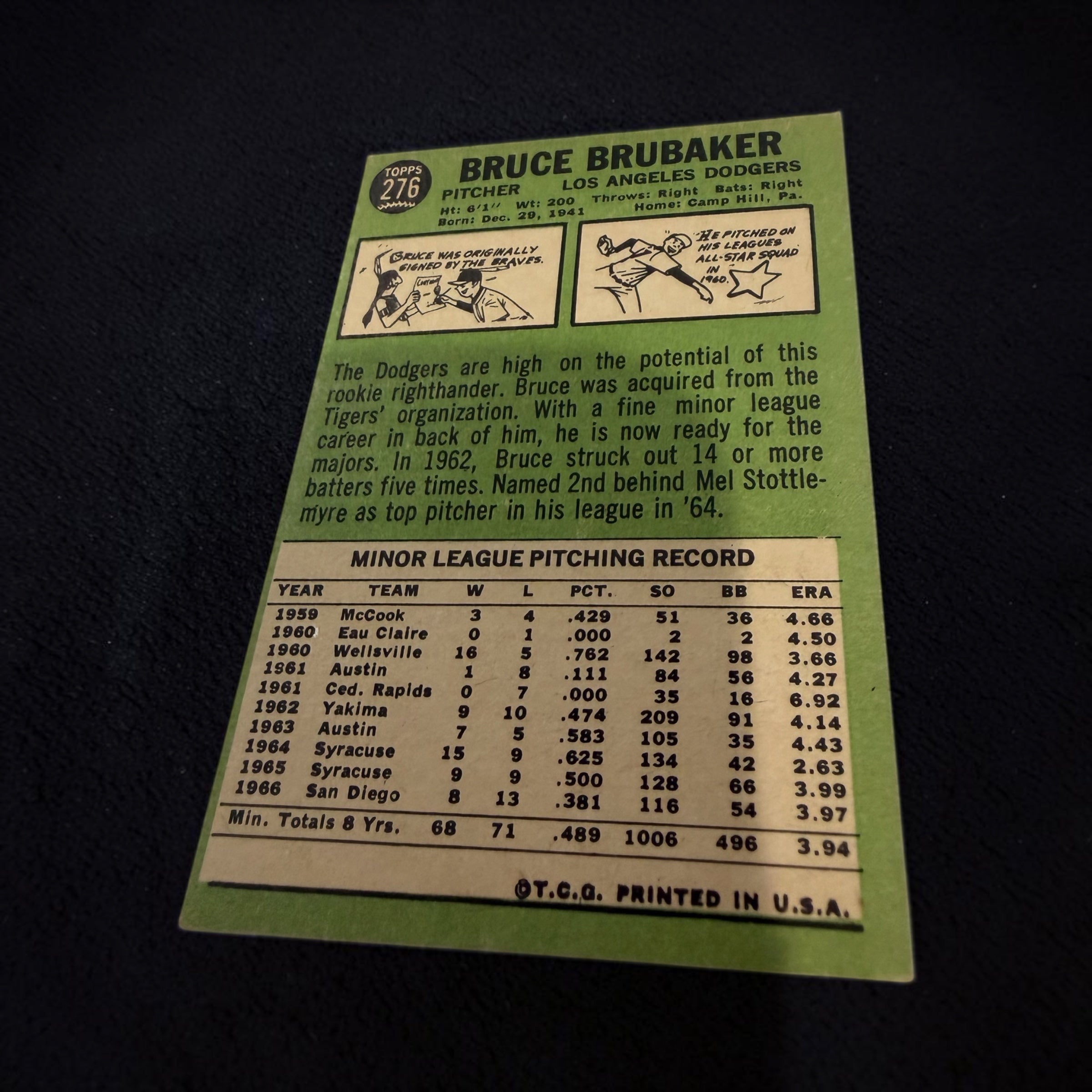 1967 Topps #276 Bruce Brubaker Los Angeles Dodgers Rookie Pitcher Vintage Baseball Card