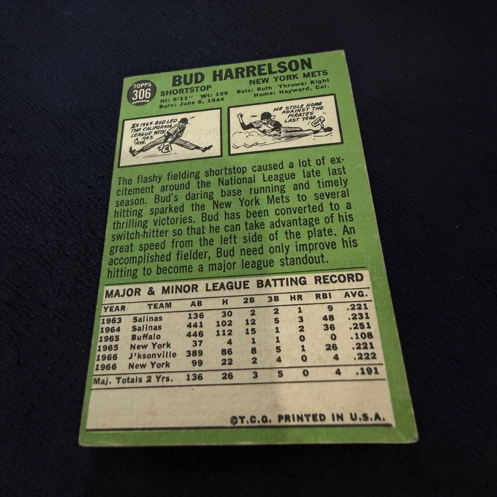 1967 Topps #306 Bud Harrelson New York Mets Vintage Baseball Card