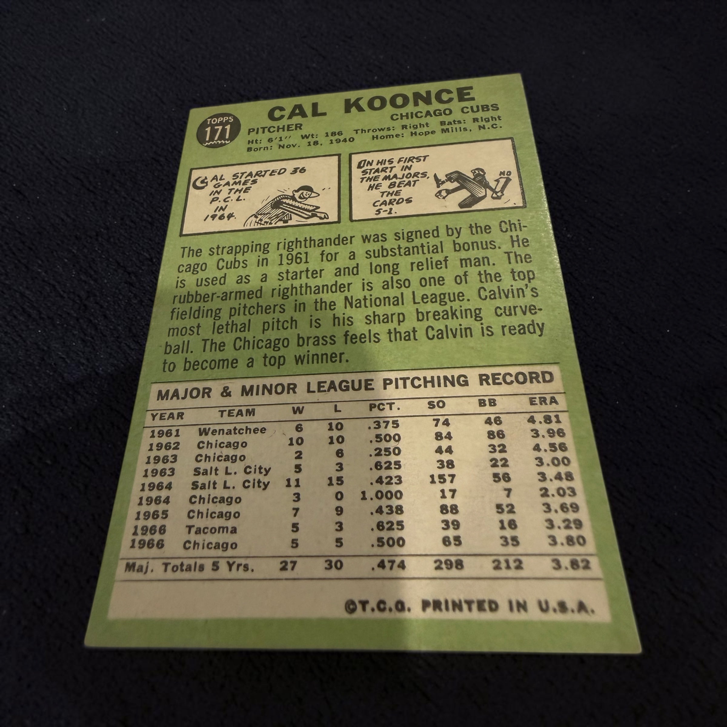 1967 Topps #171 Cal Koonce Chicago Cubs Vintage Baseball Card Pitcher