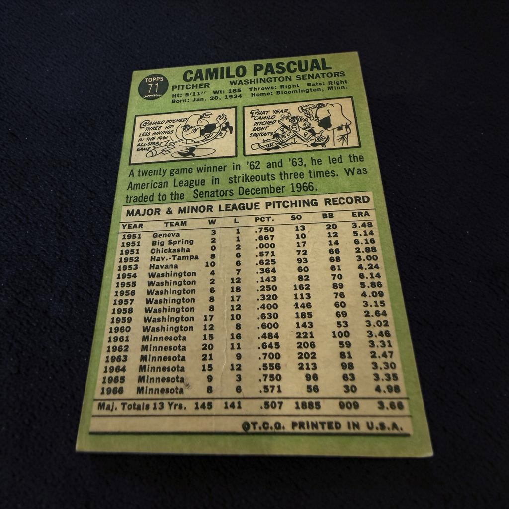 1967 Topps #71 Camilo Pascual Washington Senators Vintage Baseball Card MLB Original
