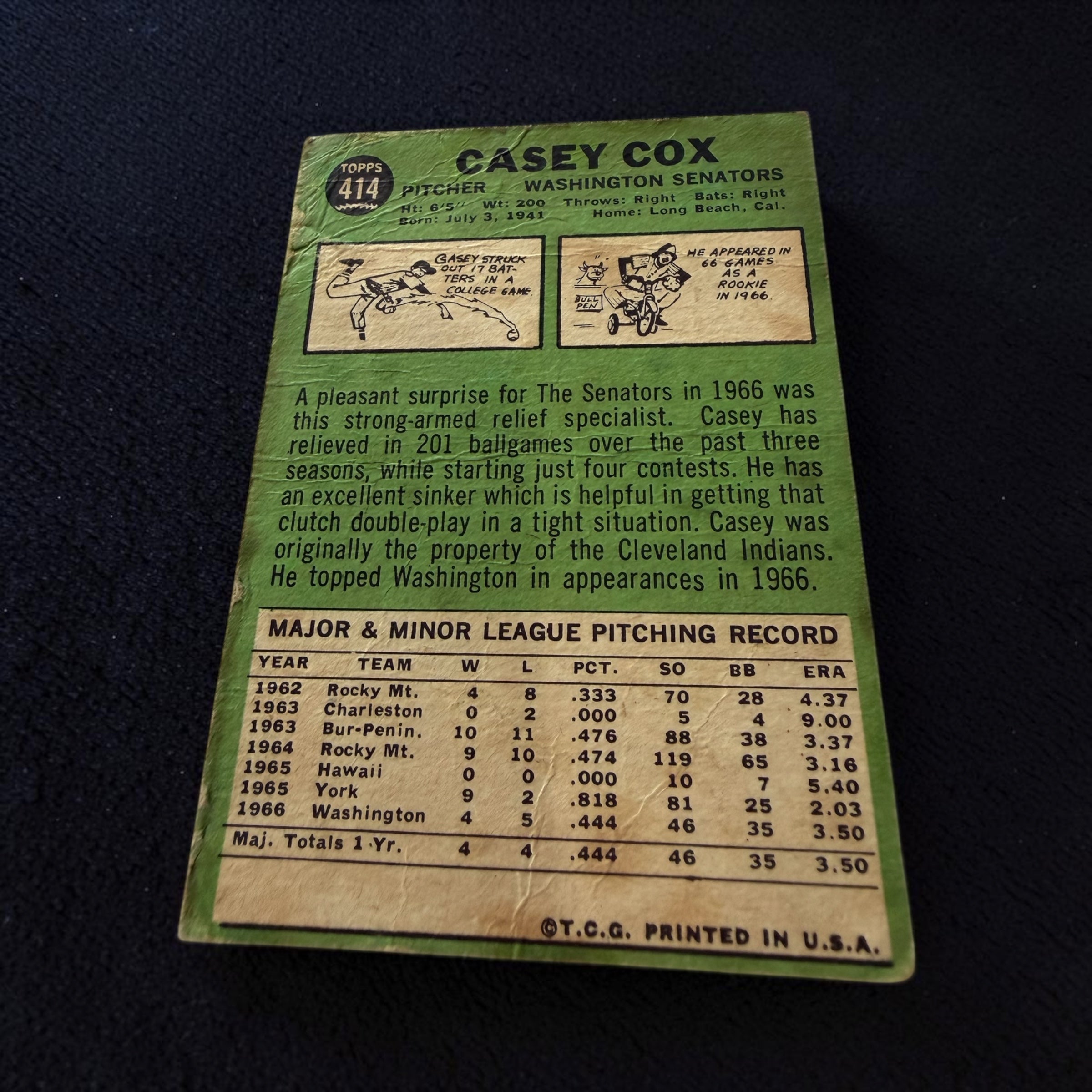 1967 Topps #414 Casey Cox Washington Senators Vintage Baseball Card MLB Original