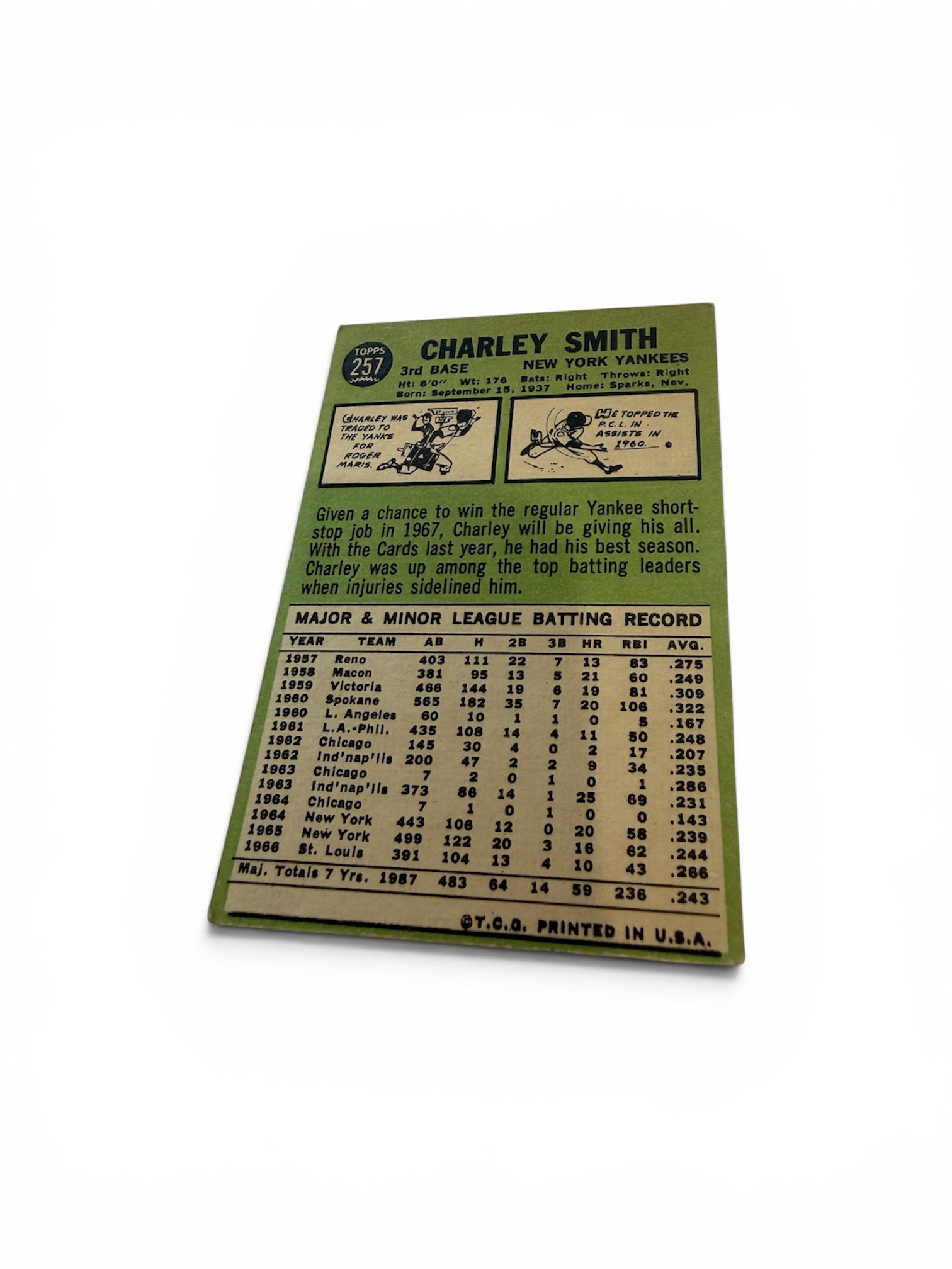 1967 Topps #257 Charley Smith New York Yankees Vintage Baseball Card
