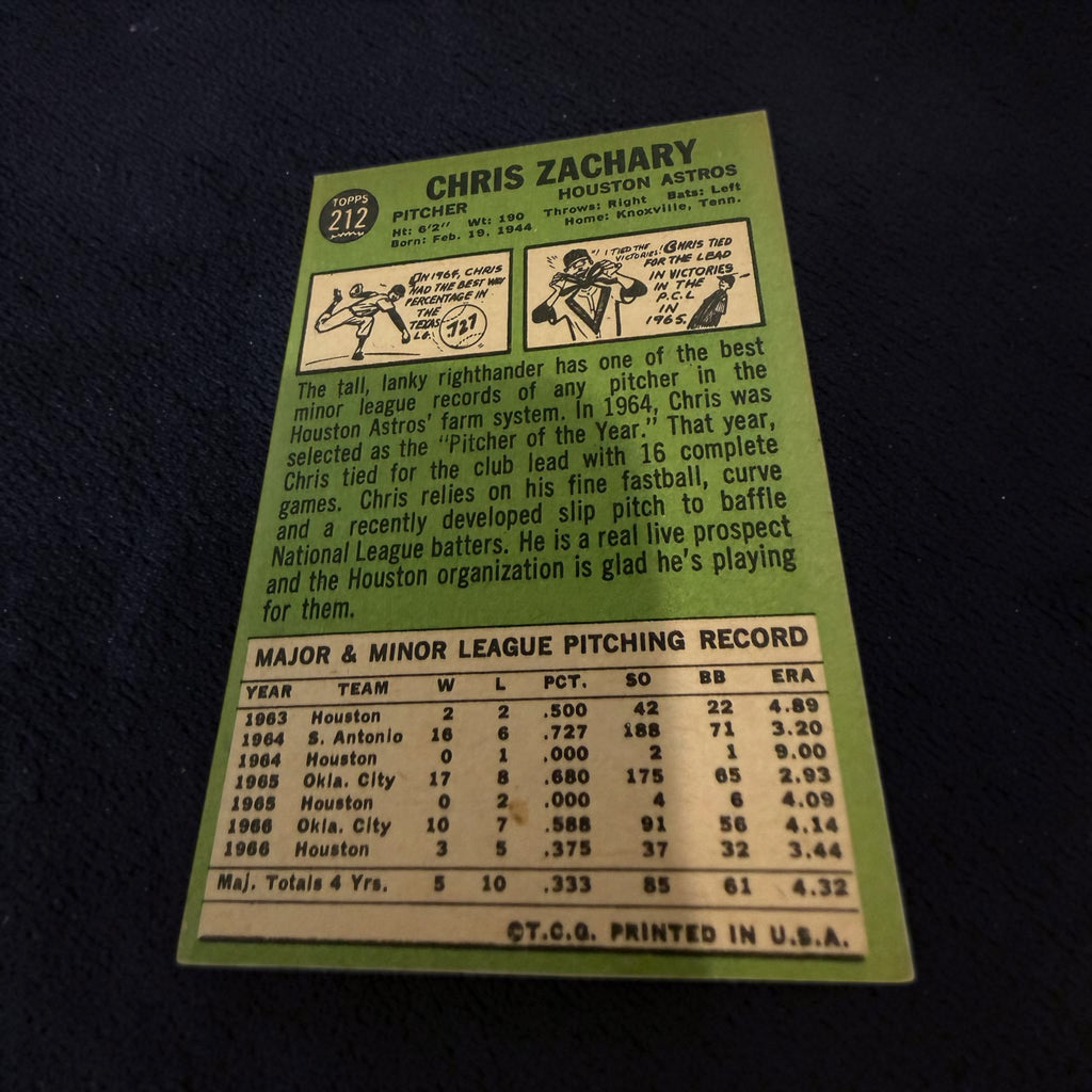 1967 Topps #212 Chris Zachary Houston Astros Vintage Baseball Card MLB Pitcher