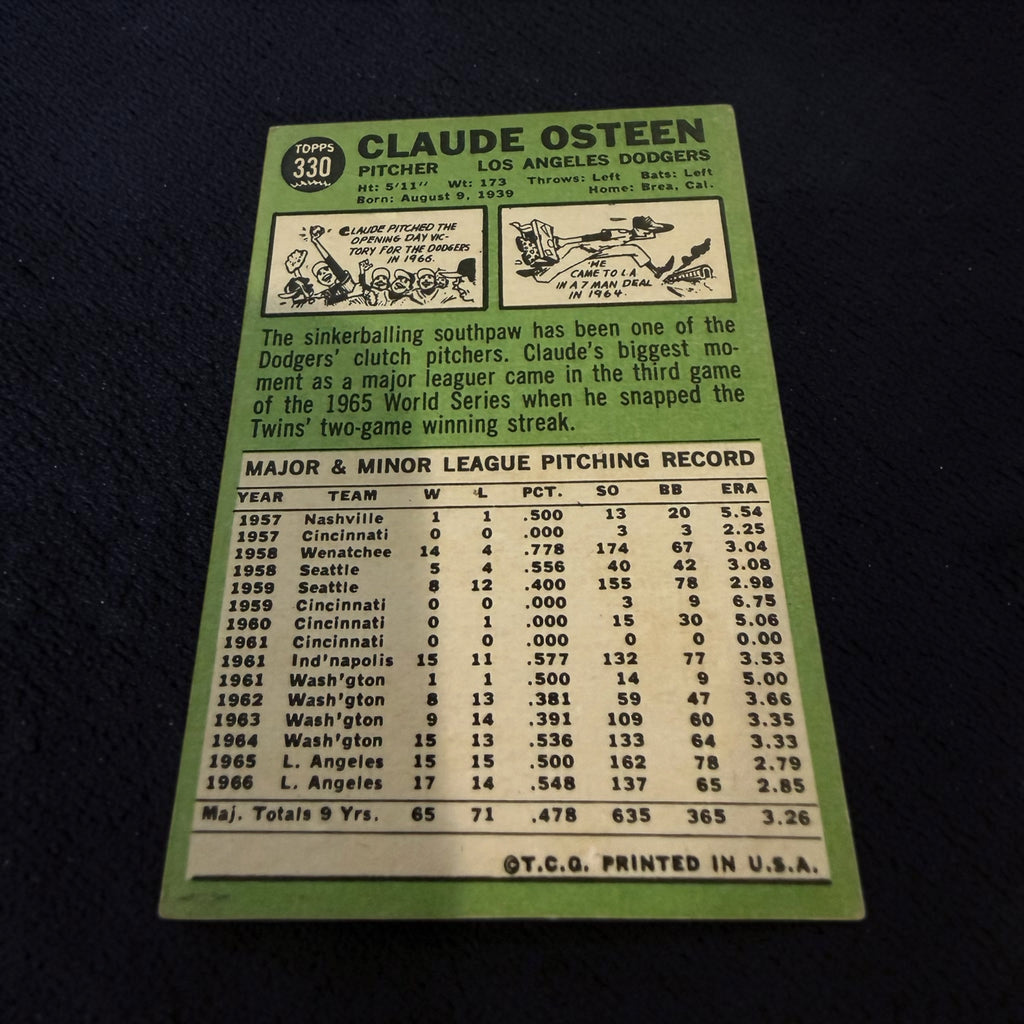 1967 Topps #330 Claude Osteen Los Angeles Dodgers Vintage Baseball Card Left-Handed Pitcher