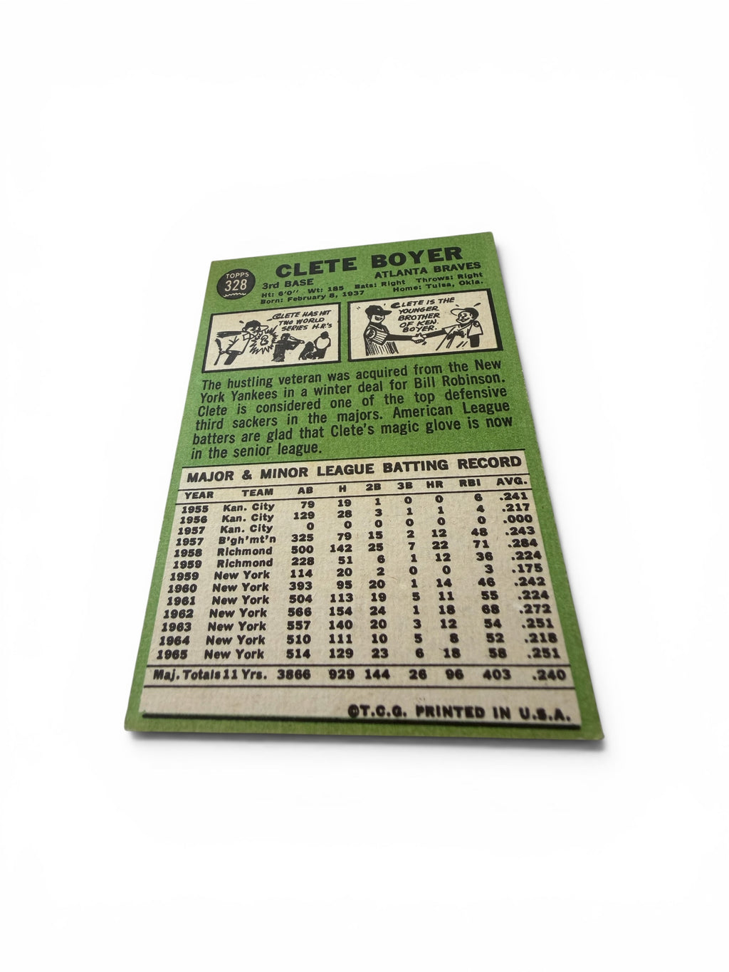 1967 Topps #328 Clete Boyer Atlanta Braves Vintage Baseball Card Gold Glove 3B