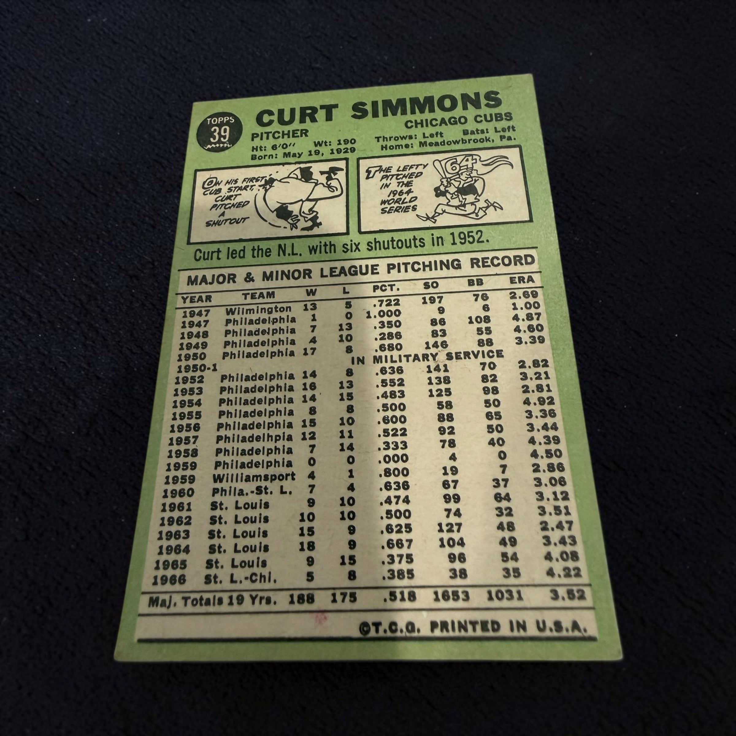 1967 Topps #39 Curt Simmons Chicago Cubs Vintage Baseball Card Pitcher