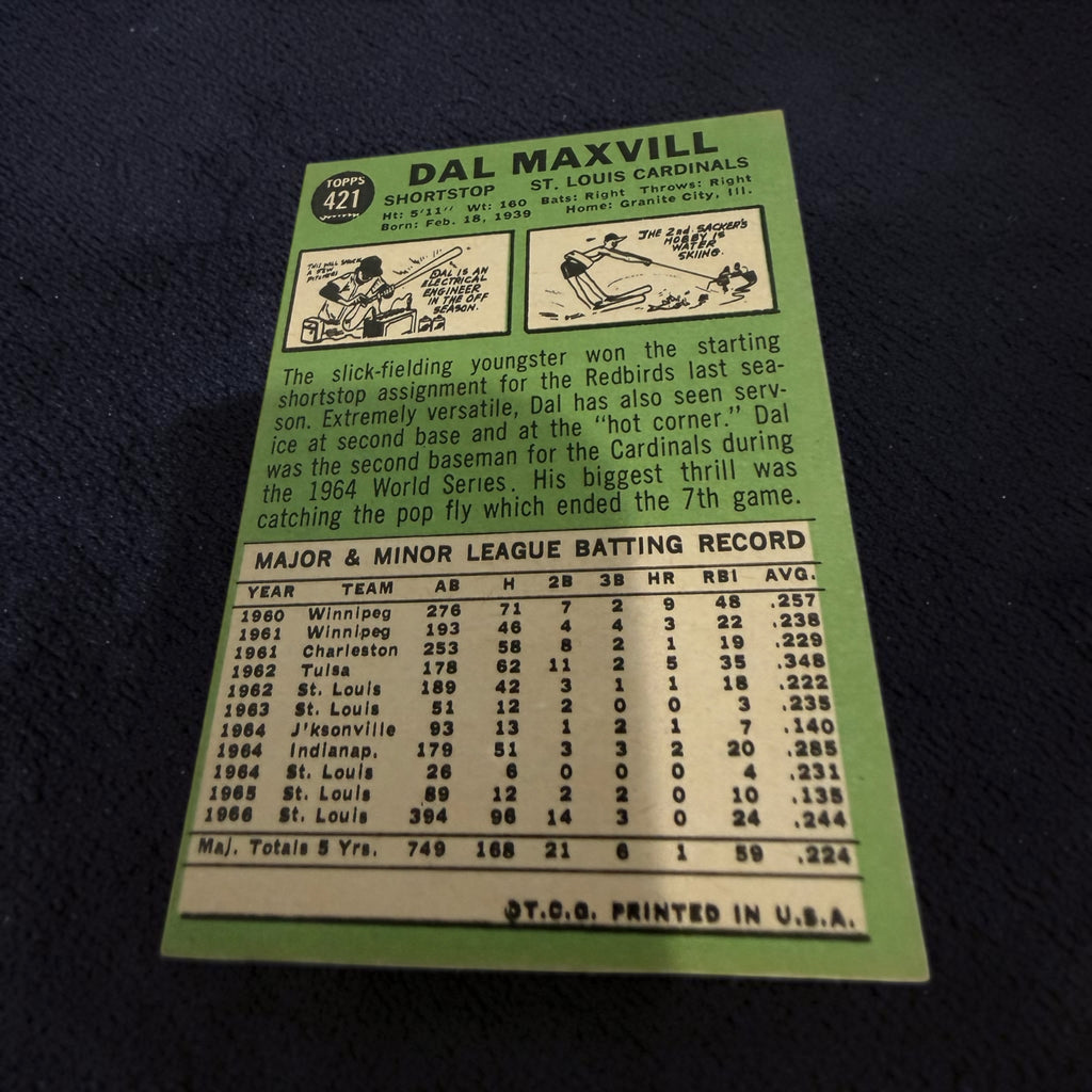 1967 Topps #421 Dal Maxvill St. Louis Cardinals Vintage Baseball Card Shortstop MLB