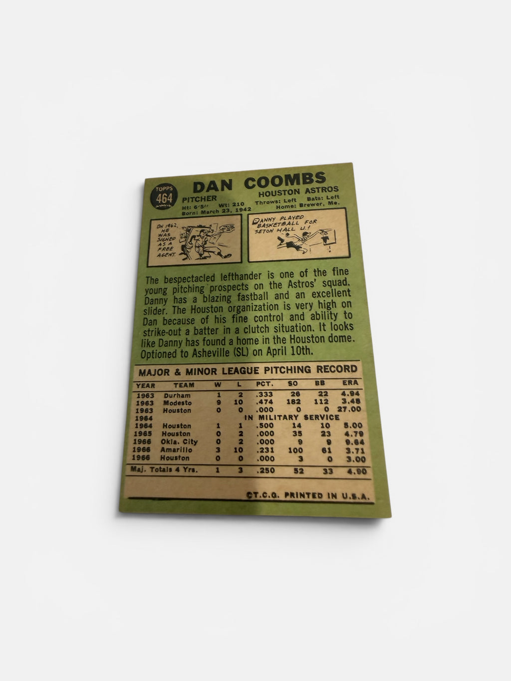 1967 Topps #464 Dan Coombs Houston Astros Vintage Baseball Card Pitcher