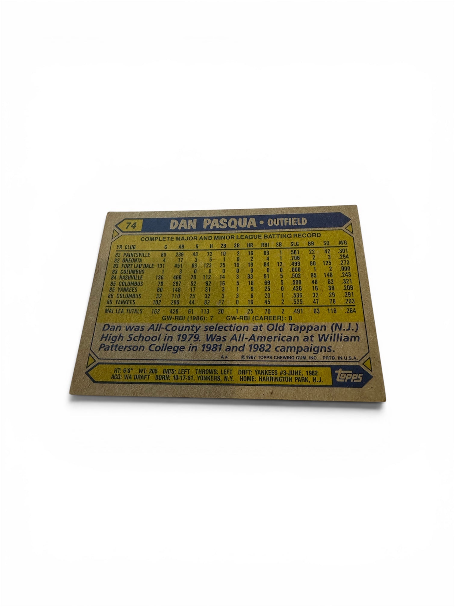 1987 Topps #74 Dan Pasqua New York Yankees Vintage Baseball Card