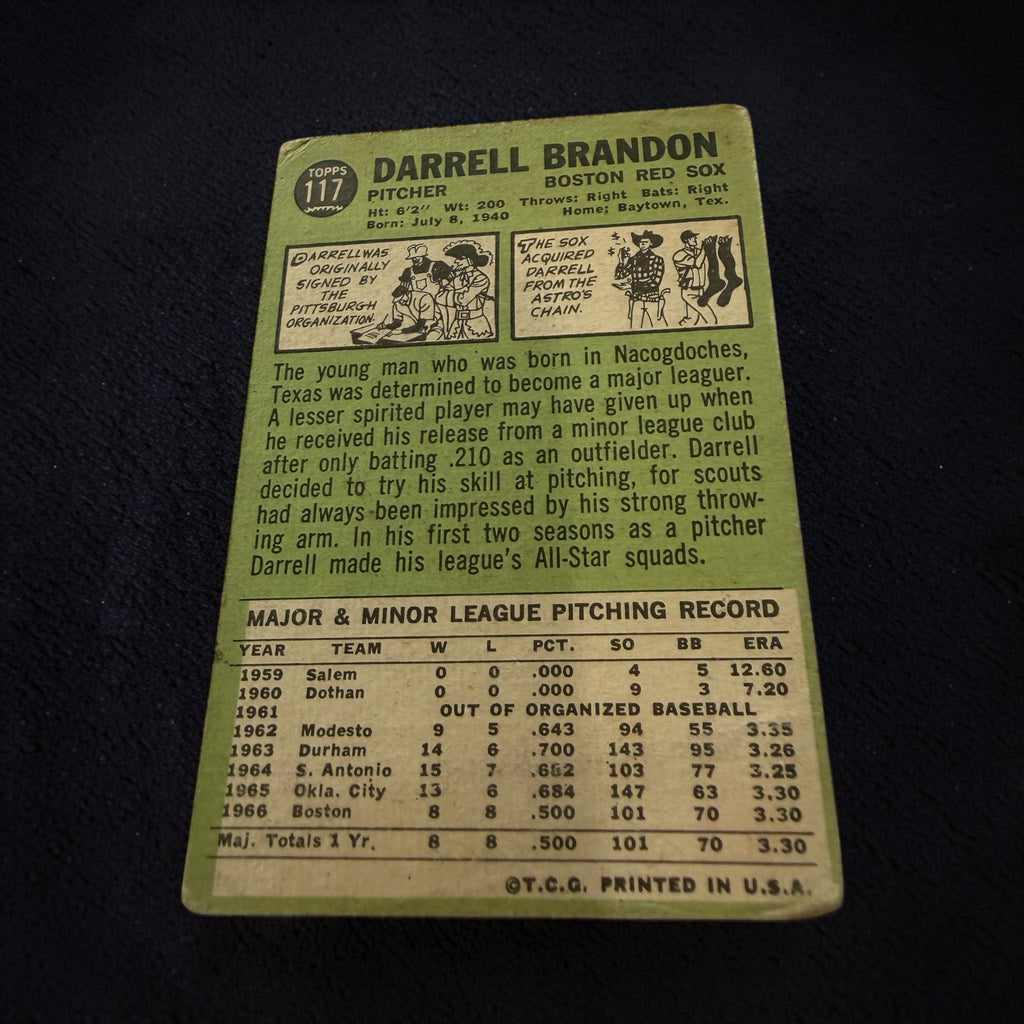 1967 Topps #117 Darrell Brandon Boston Red Sox Vintage Baseball Card