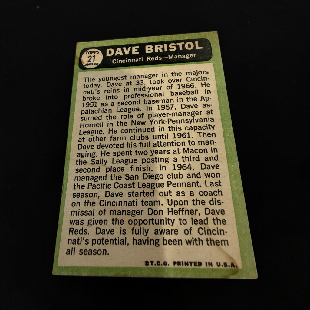 1967 Topps #21 Dave Bristol Cincinnati Reds Manager Vintage Baseball Card