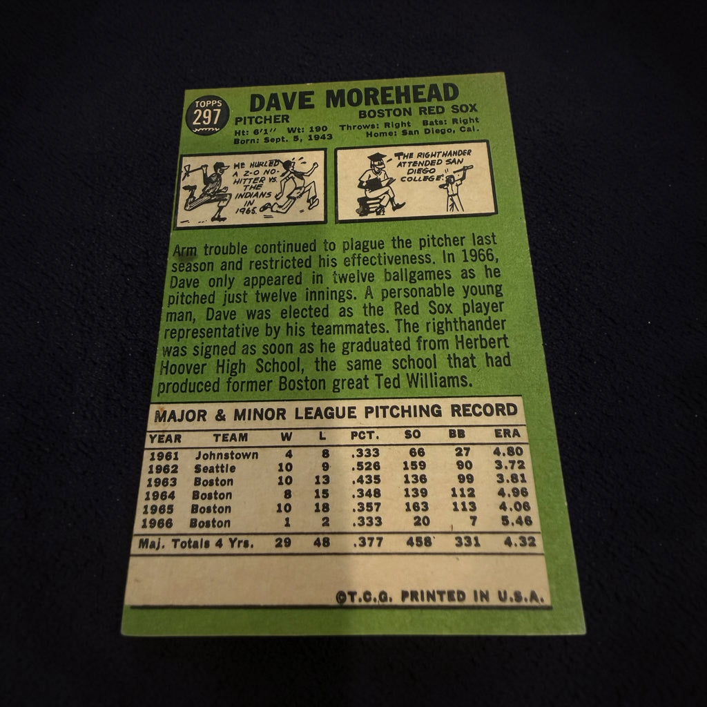 1967 Topps #297 Dave Morehead Boston Red Sox Vintage Baseball Card
