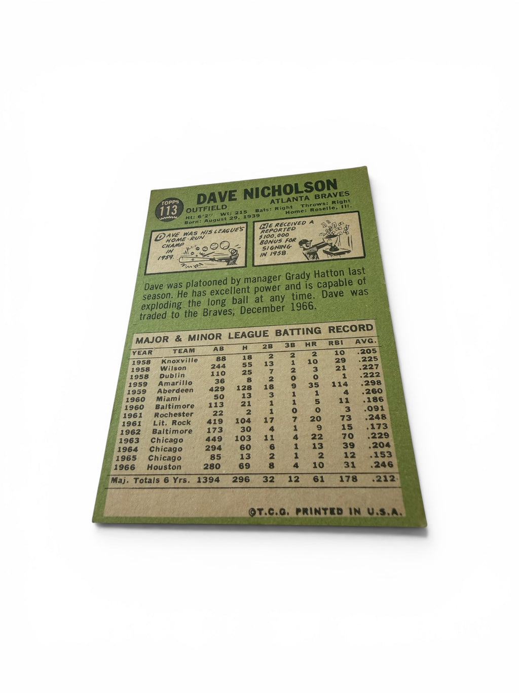 1967 Topps #113 Dave Nicholson Atlanta Braves Vintage Baseball Card Outfielder