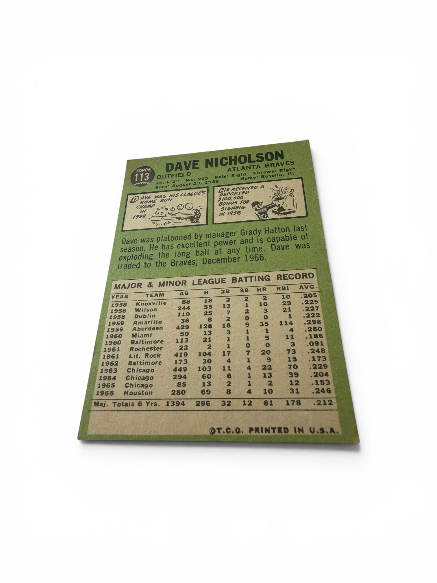 1967 Topps #113 Dave Nicholson Atlanta Braves Vintage Baseball Card Outfielder