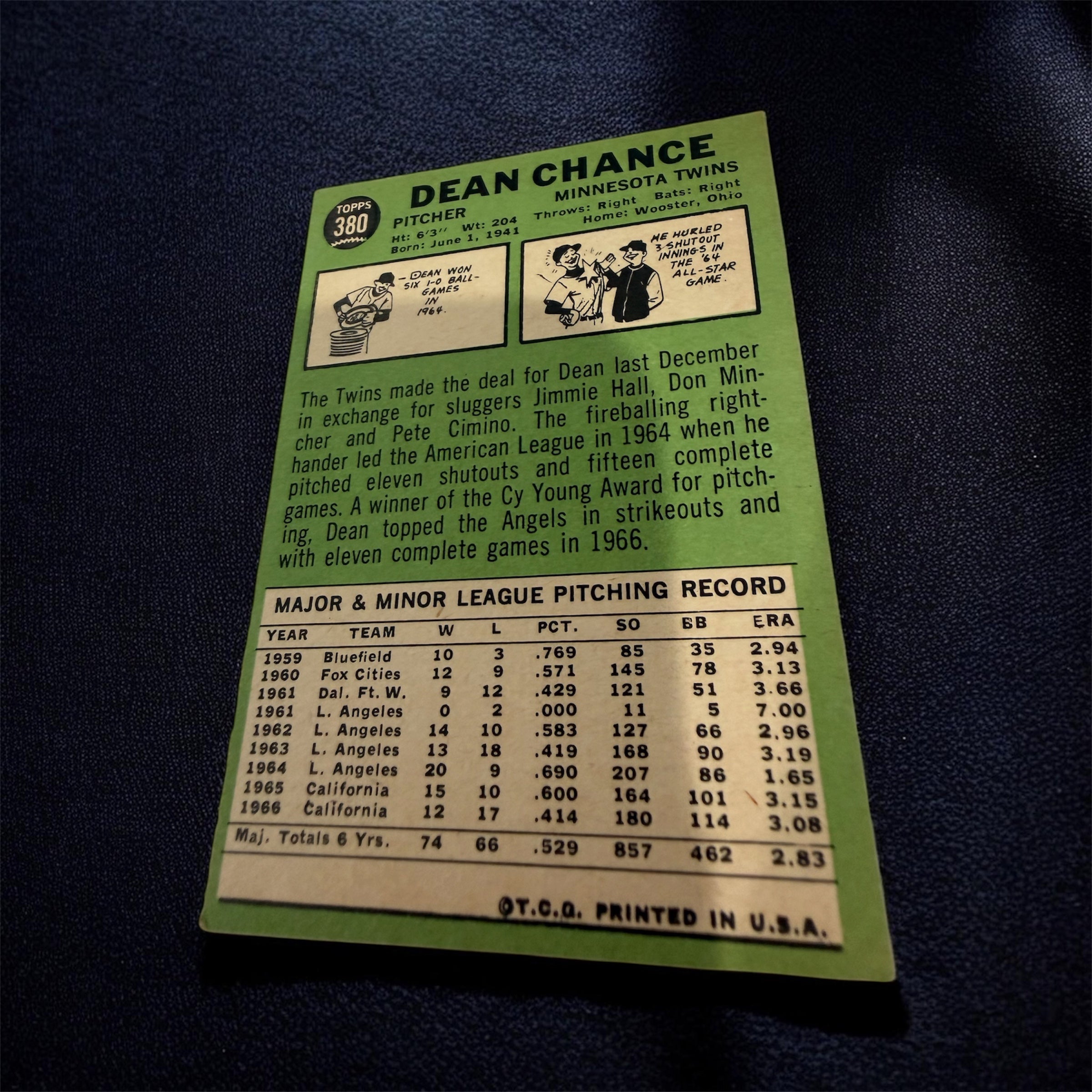 1967 Topps #380 Dean Chance Minnesota Twins Vintage Baseball Card