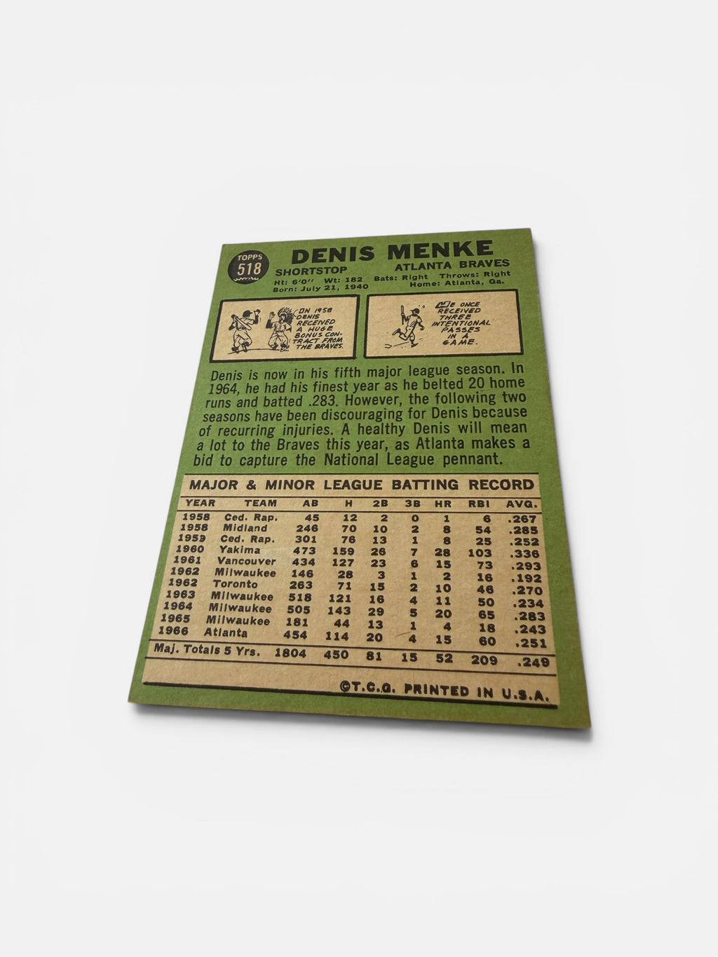 1967 Topps #518 Denis Menke Atlanta Braves Vintage Baseball Card Shortstop
