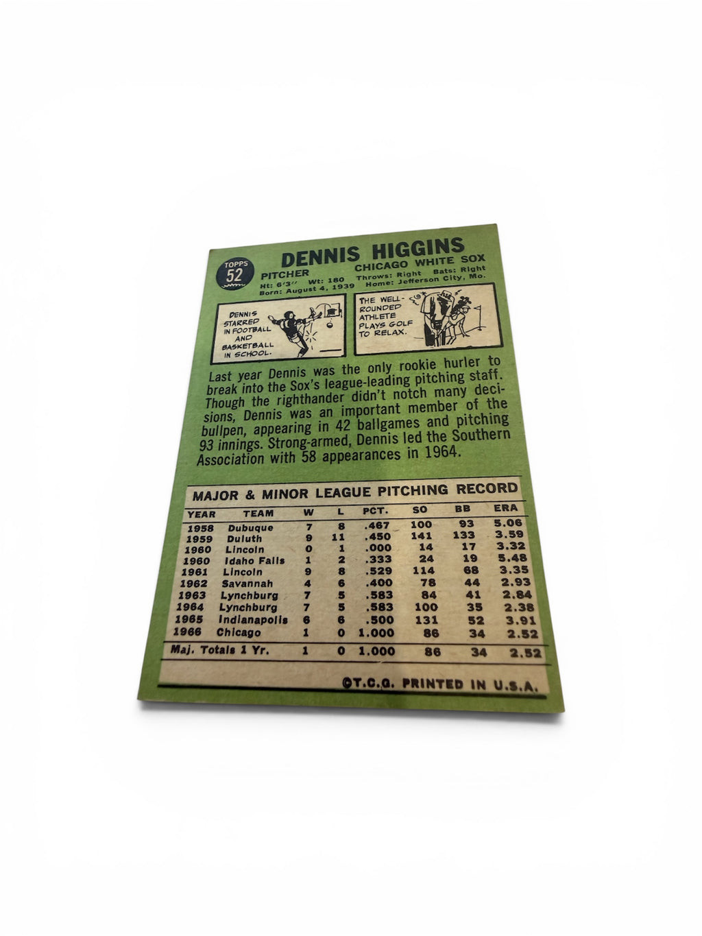 1967 Topps #52 Dennis Higgins Chicago White Sox Vintage Baseball Card