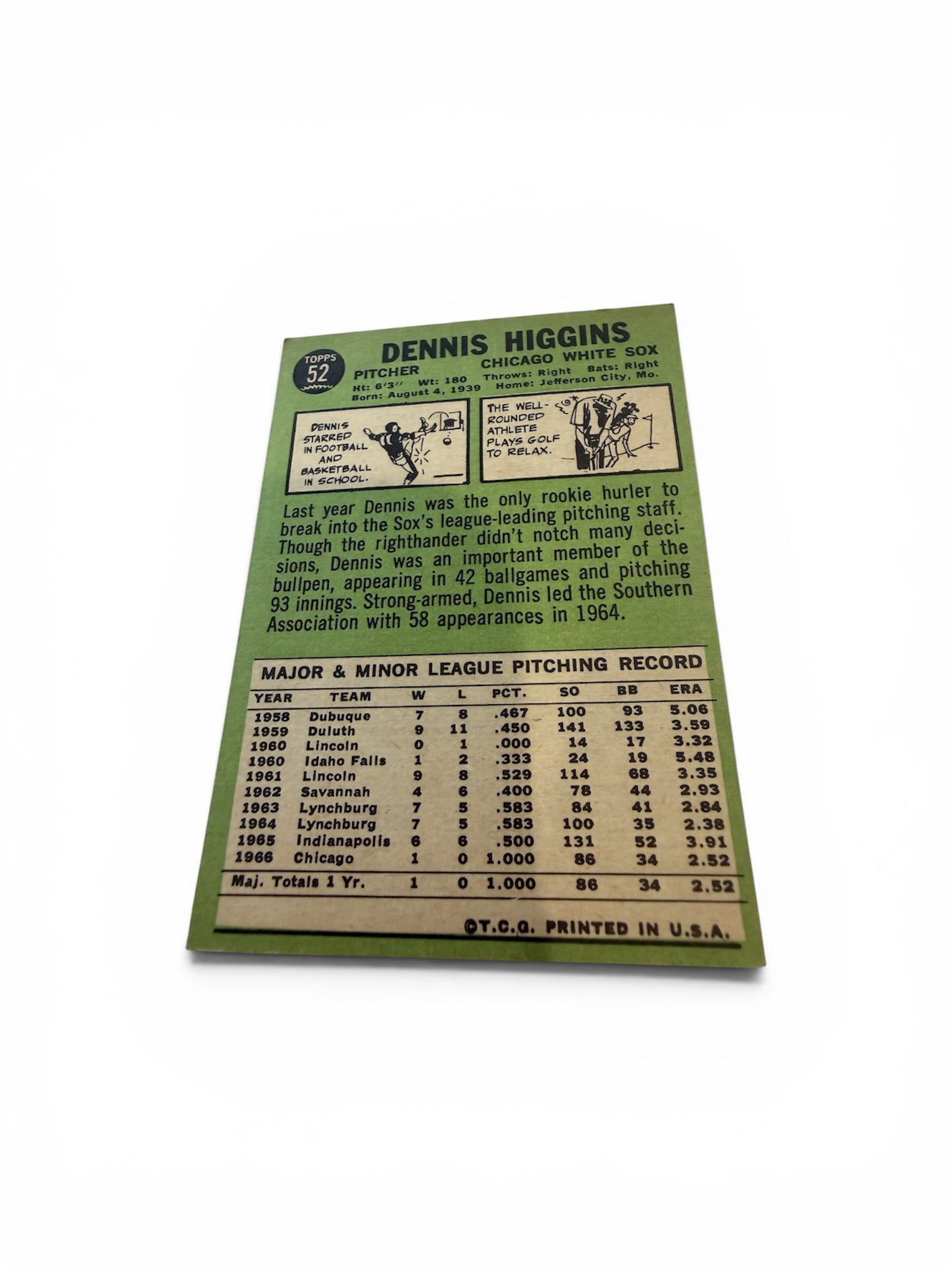 1967 Topps #52 Dennis Higgins Chicago White Sox Vintage Baseball Card