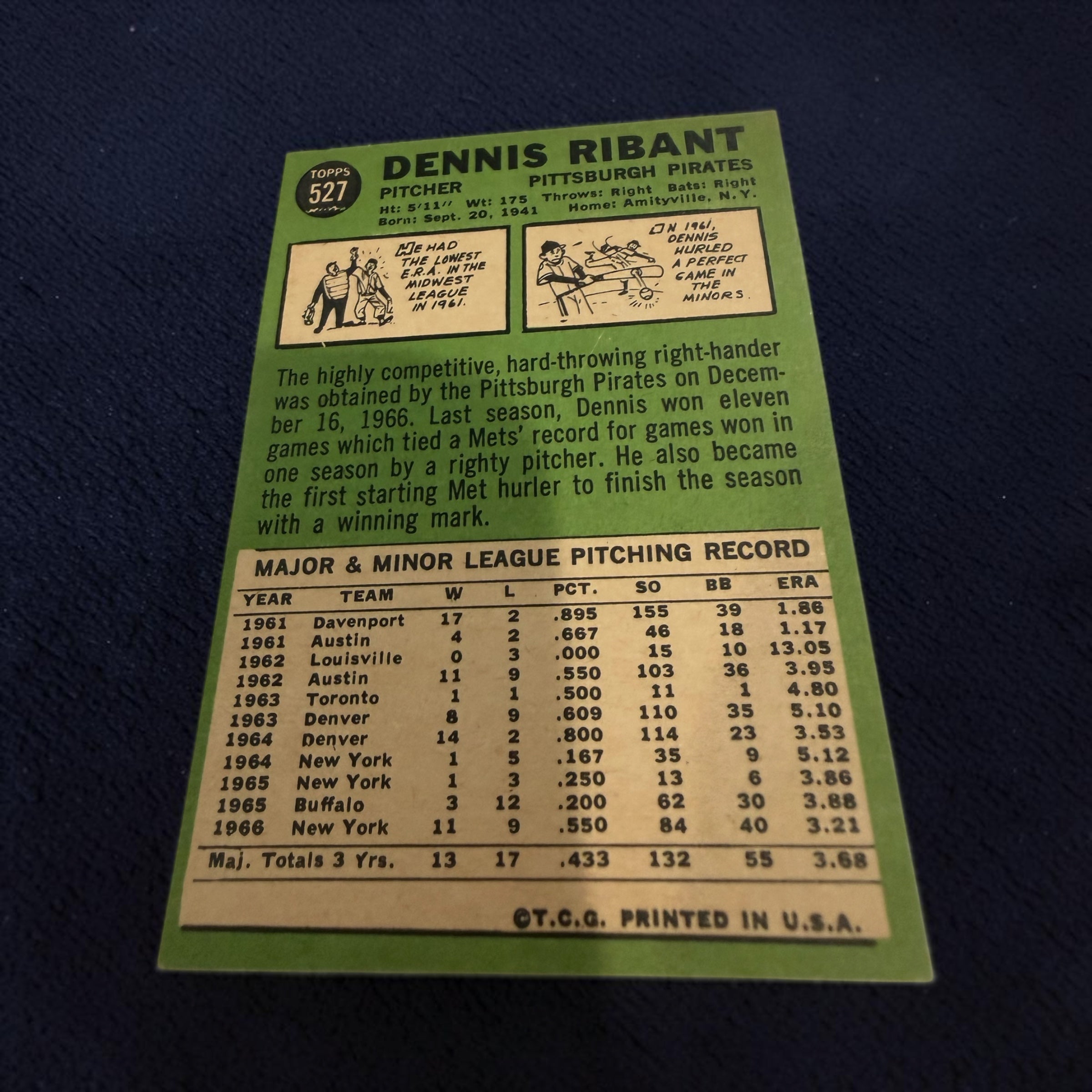 1967 Topps #527 Dennis Ribant Pittsburgh Pirates Vintage Baseball Card MLB