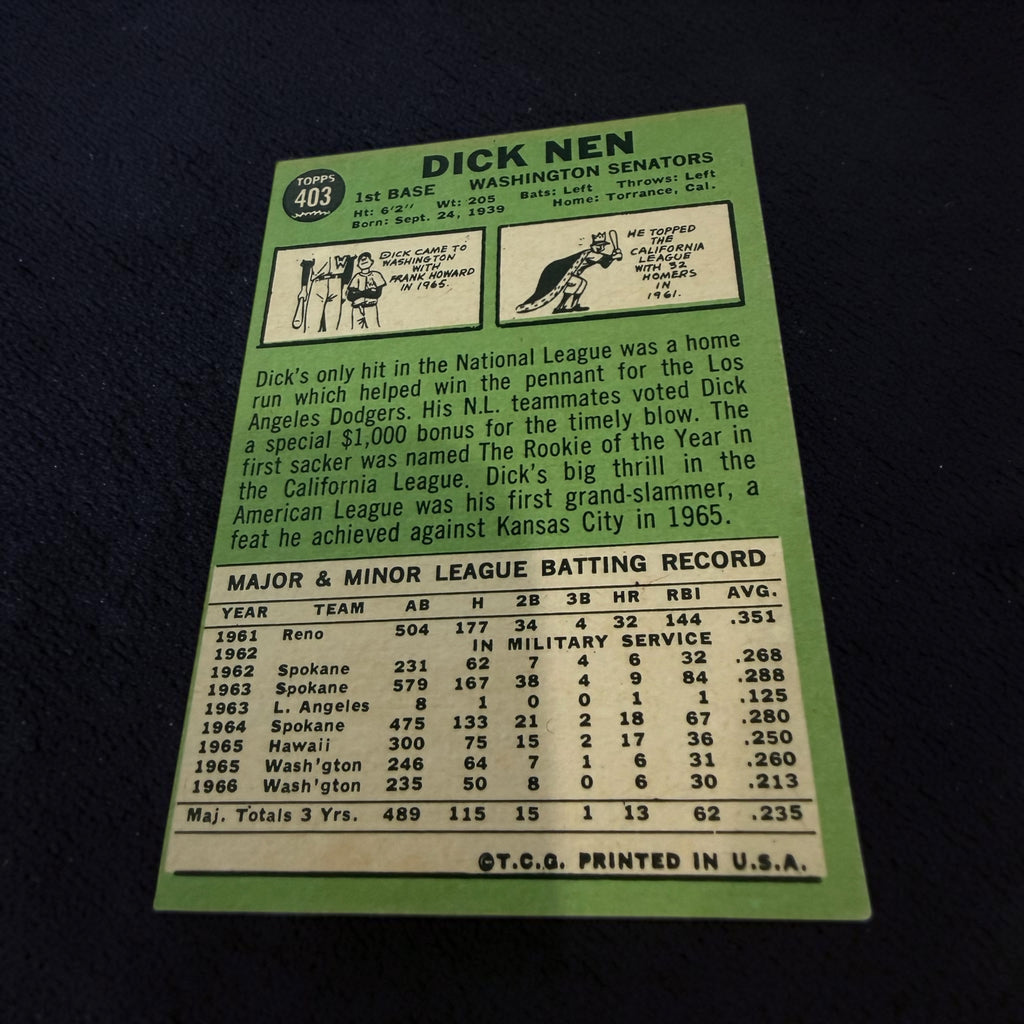 1967 Topps #403 Dick Nen Washington Senators Vintage Baseball Card MLB Original